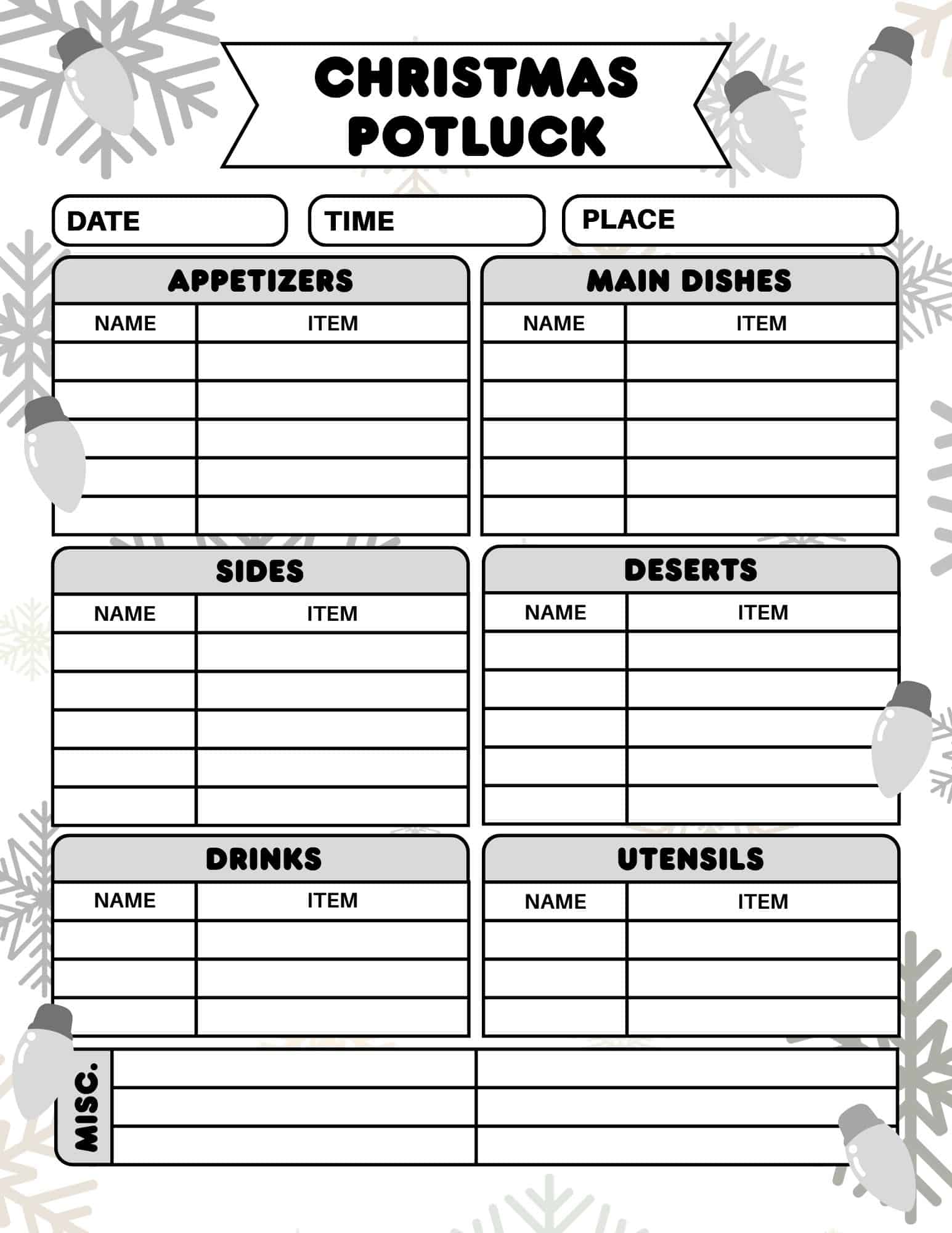 Christmas potluck sign-up sheet template in black and white with sections for date, time, place, and categorized dishes.