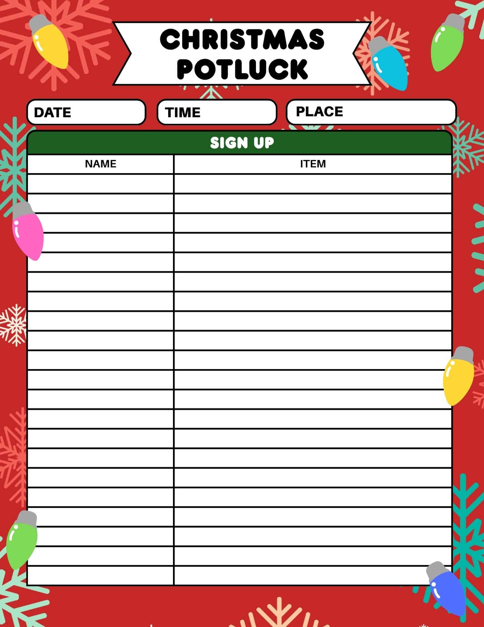 Printable Christmas potluck sign up sheet template with date, time, place fields and a sign-up grid.
