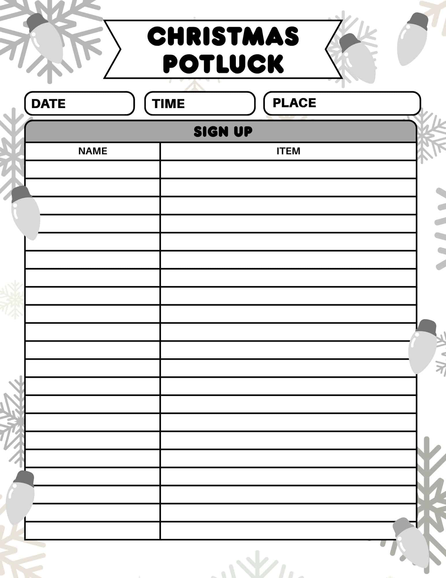 Printable Christmas potluck sign up sheet template with date, time, place fields and a large sign-up table.