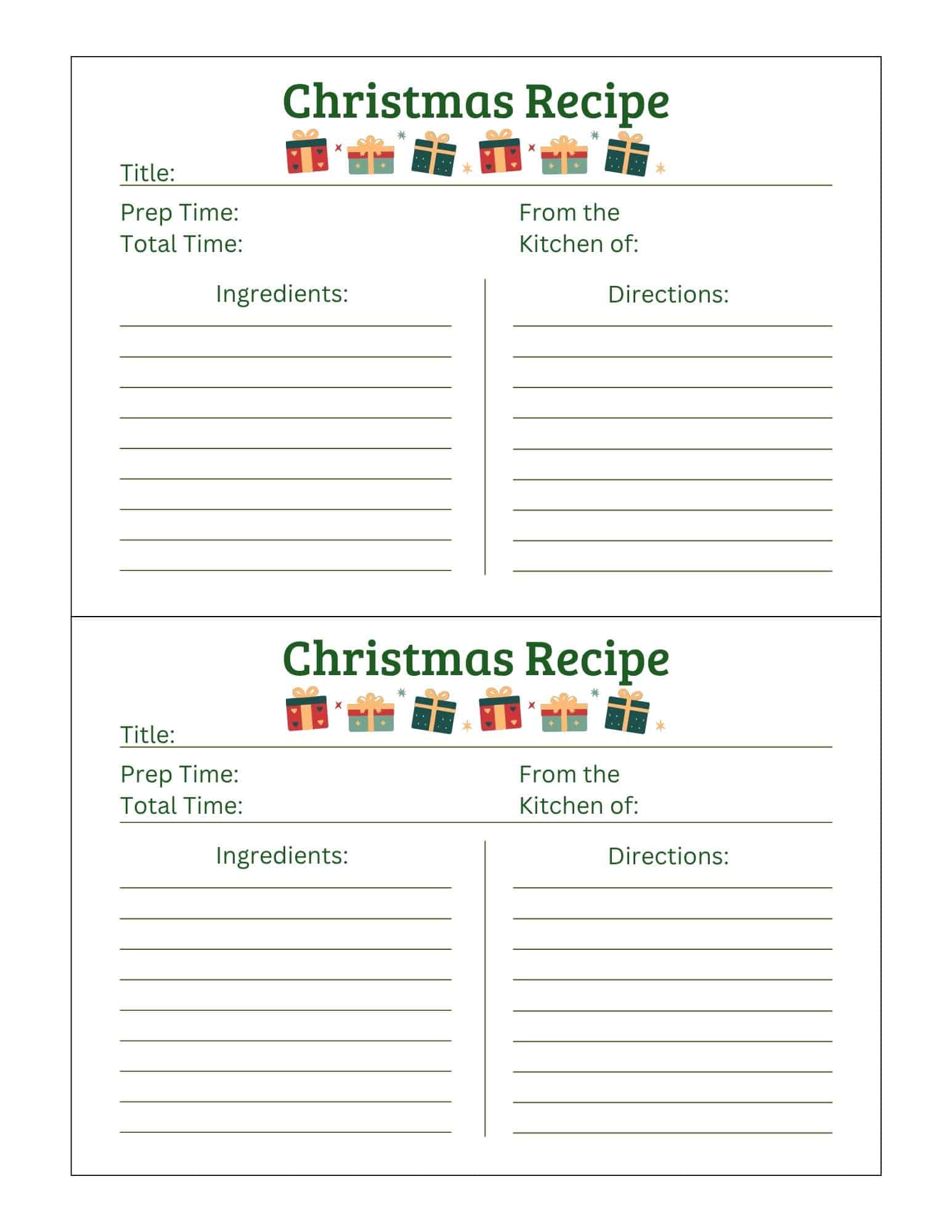 Two vintage-style Christmas recipe cards on a printable sheet with fields for Title, Prep Time, Ingredients, and Directions.