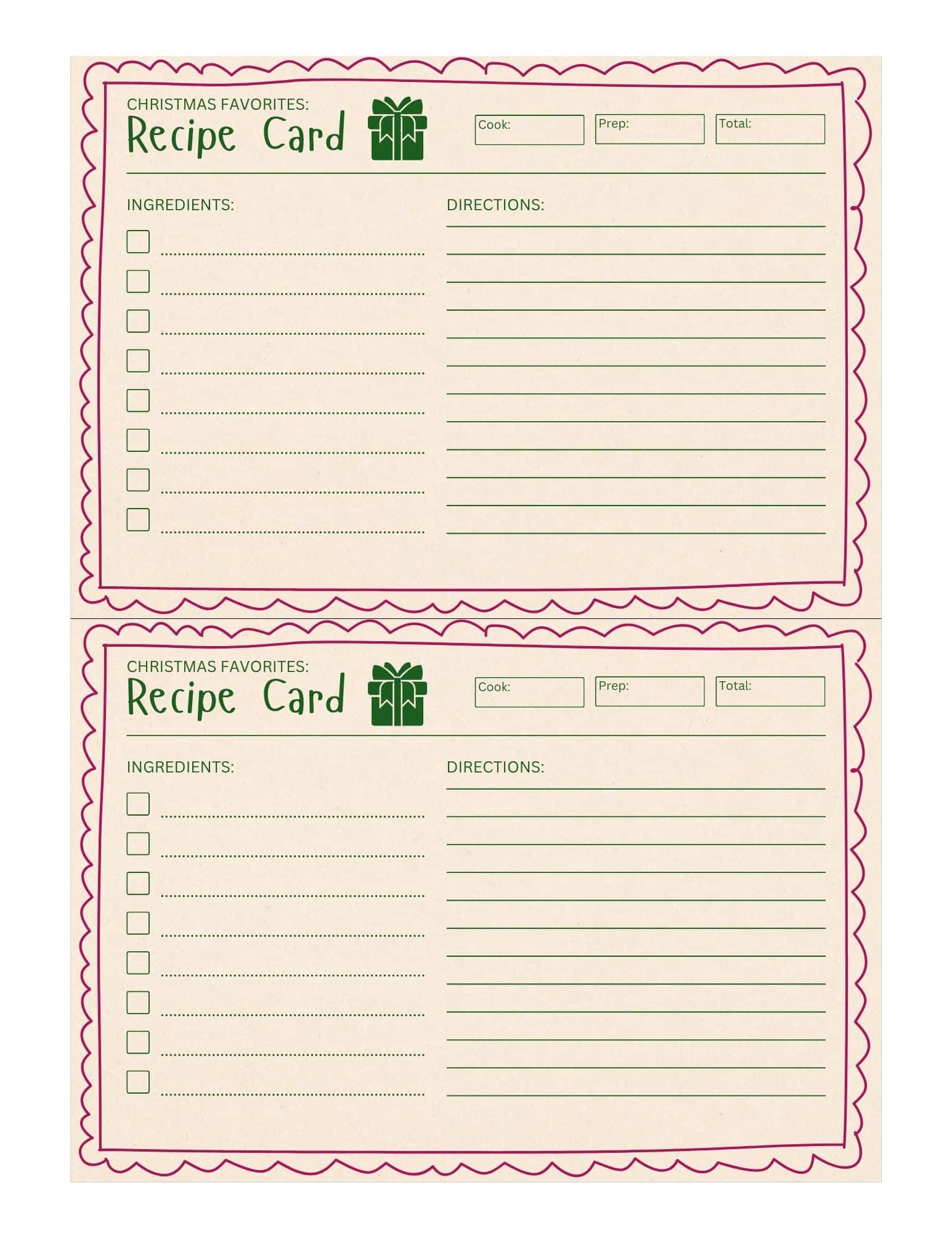 Two printable Christmas recipe cards with vintage design, scalloped borders, and space for ingredients and directions.