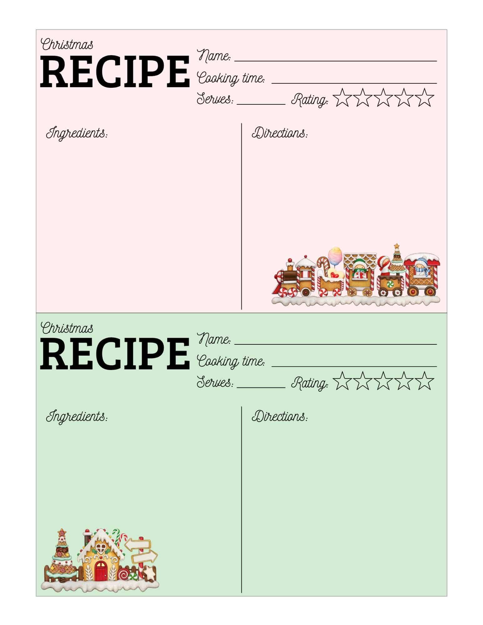 Printable Christmas recipe cards in pink and green with sections for name, time, serves, rating, ingredients and directions.