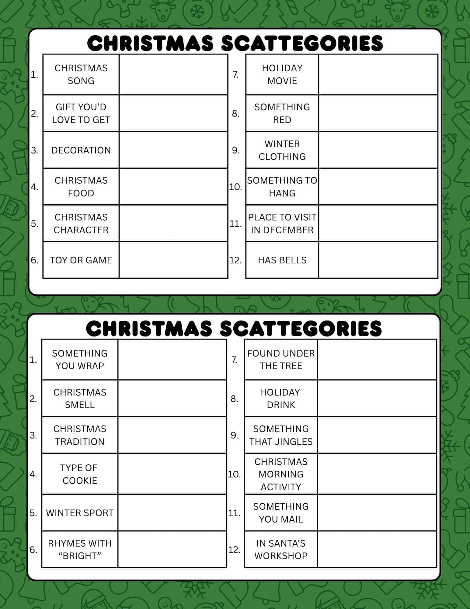 Two-page printable Christmas Scattegories grid for family and kids on a festive green background.