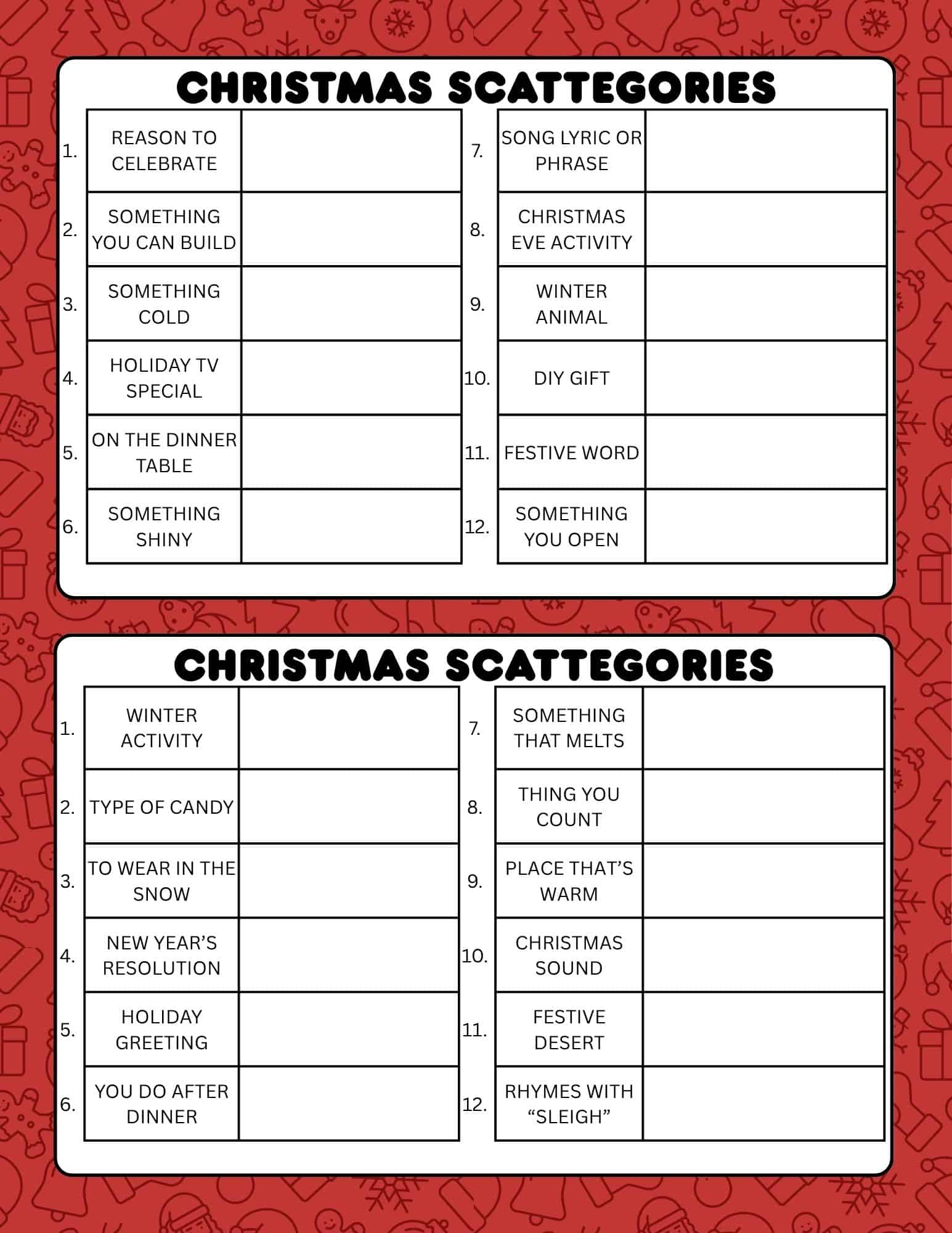 Printable Christmas Scattegories game sheets for family and classroom use.