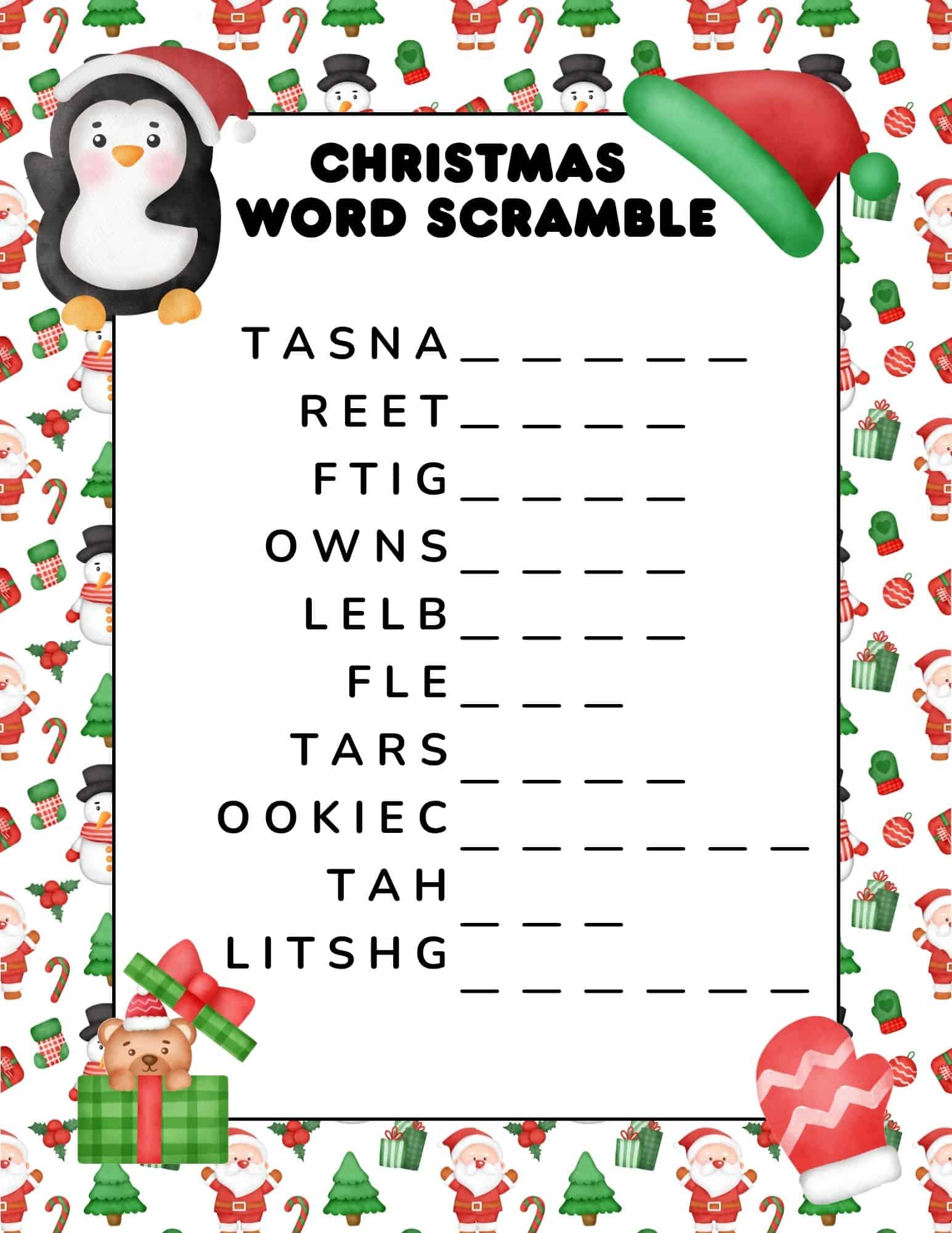 Printable Christmas word scramble with a festive border and penguin; a Christmas worksheets puzzle to print for kids.