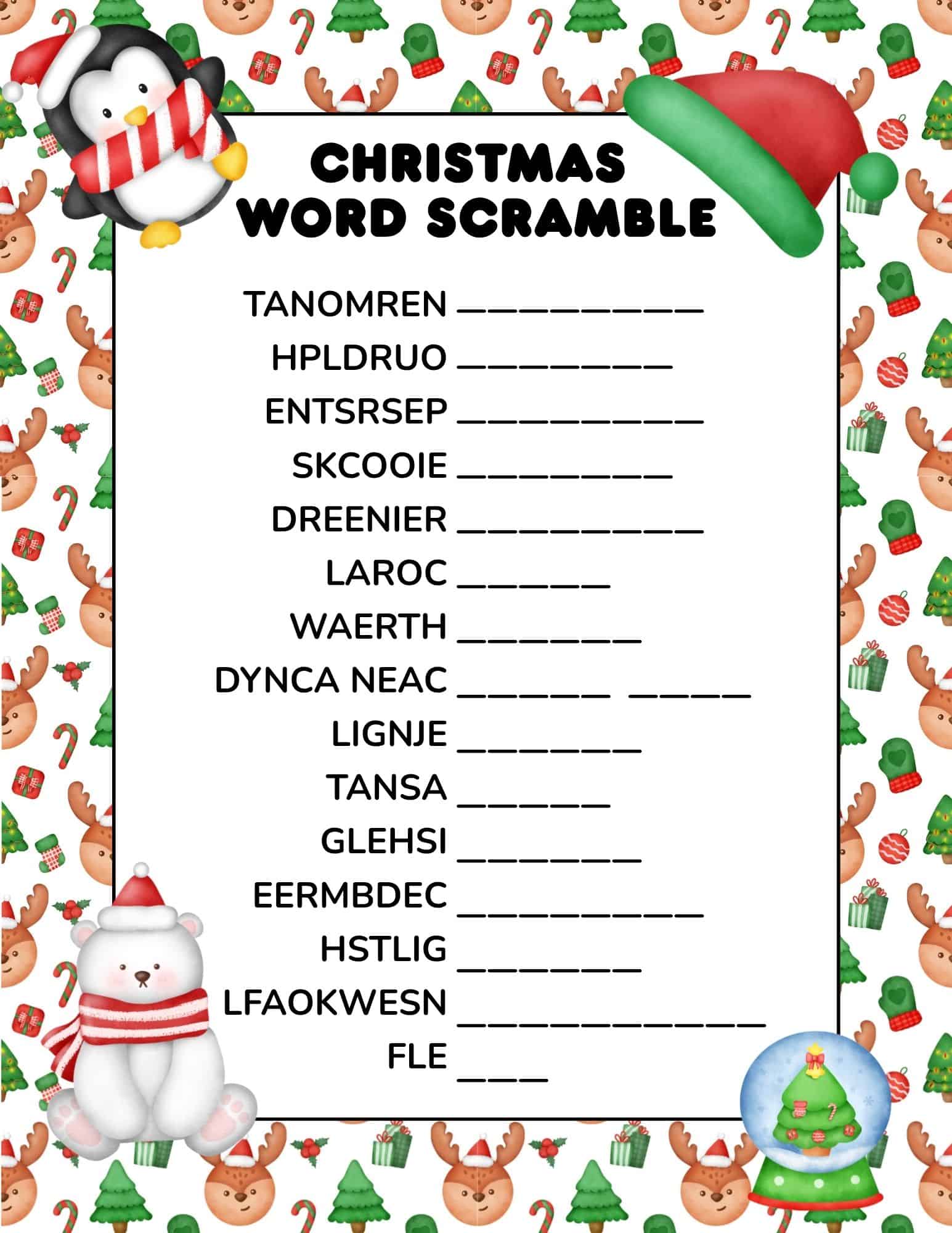Printable Christmas word scramble for family and kids; a word jumble puzzle to print.
