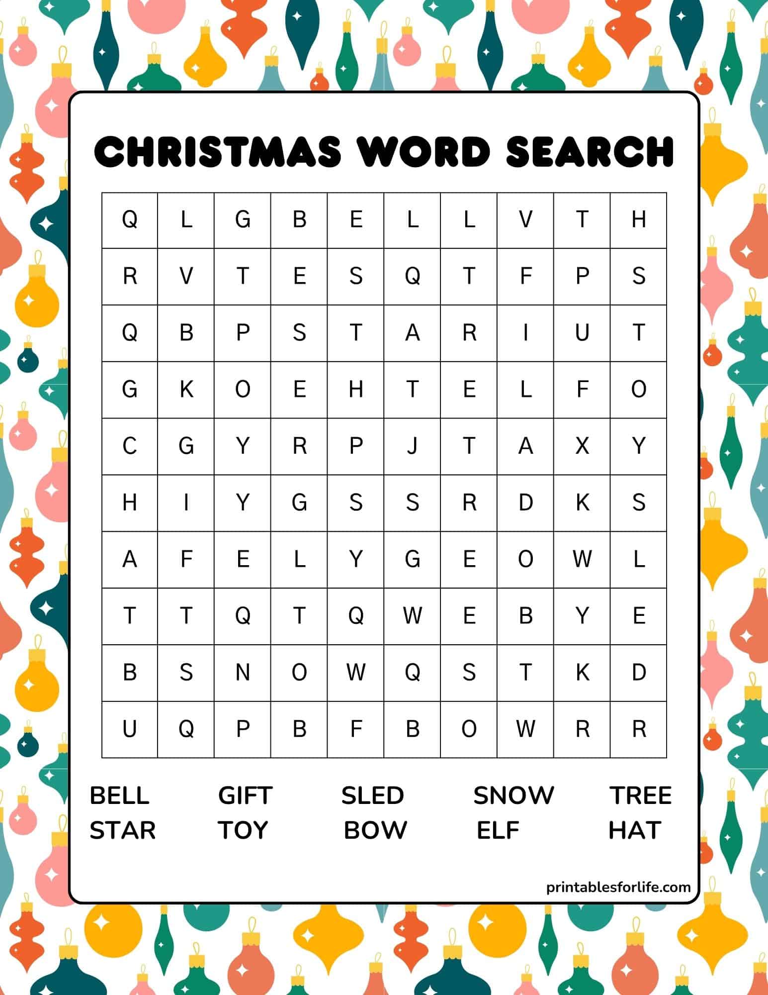 Printable Christmas word search puzzle page for kids and family to print, with a festive border.