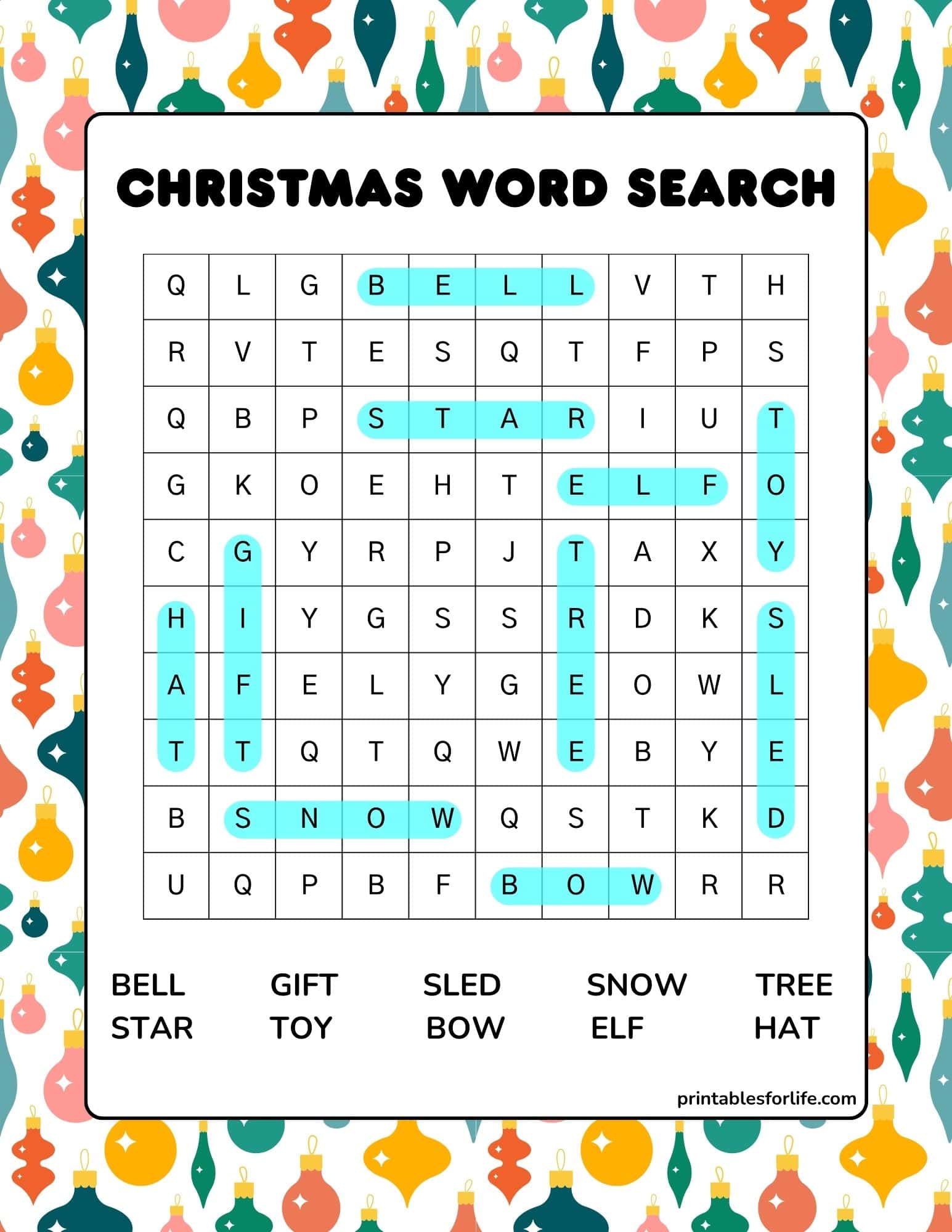 Printable merry Christmas word search puzzle for family and kids, with a festive border and a word list to find.