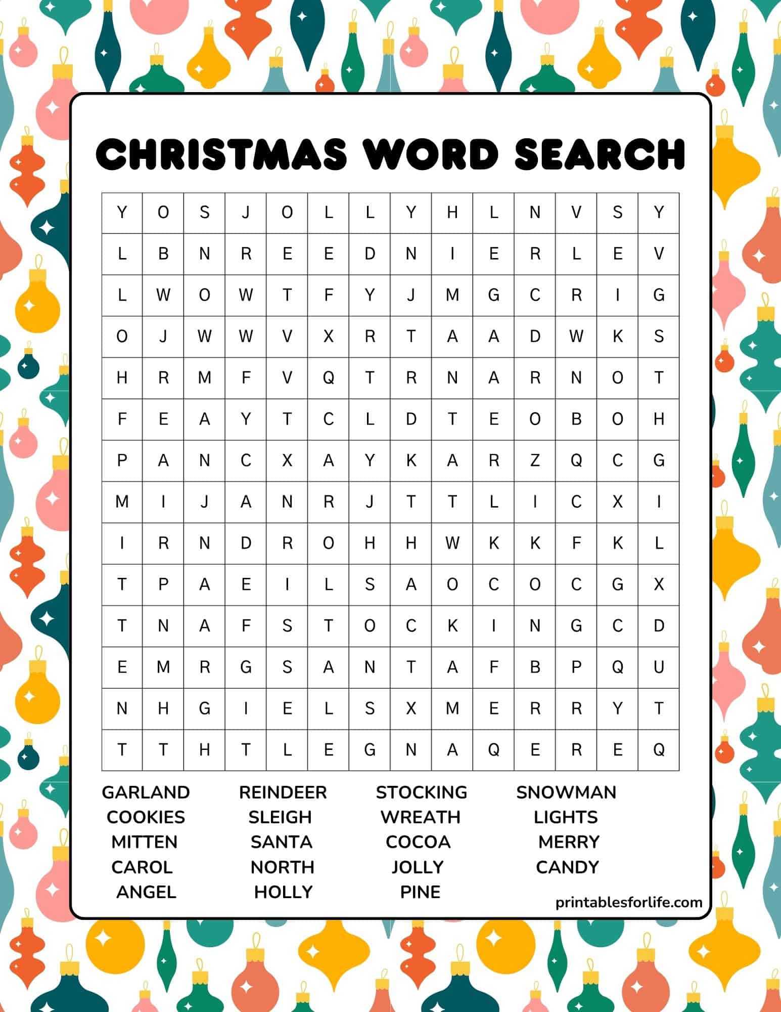 Printable Christmas word search puzzle for kids and family to print with a festive border.