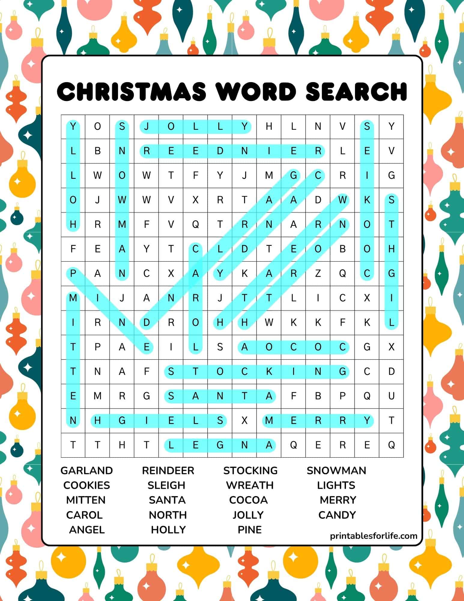 Printable Christmas word search puzzle with a grid and word list for family and kids.