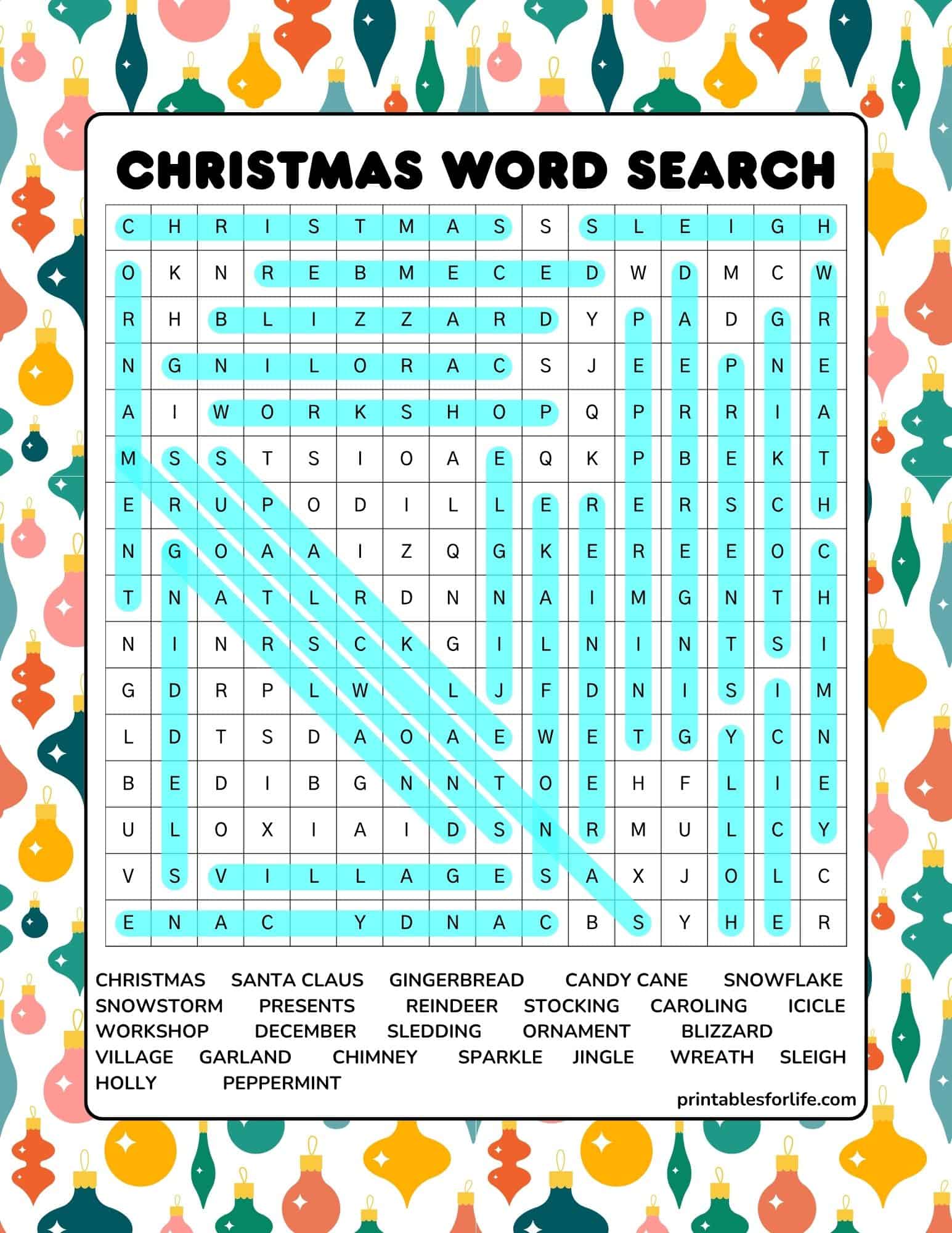 Printable Christmas word search puzzle for family and kids with a festive border.