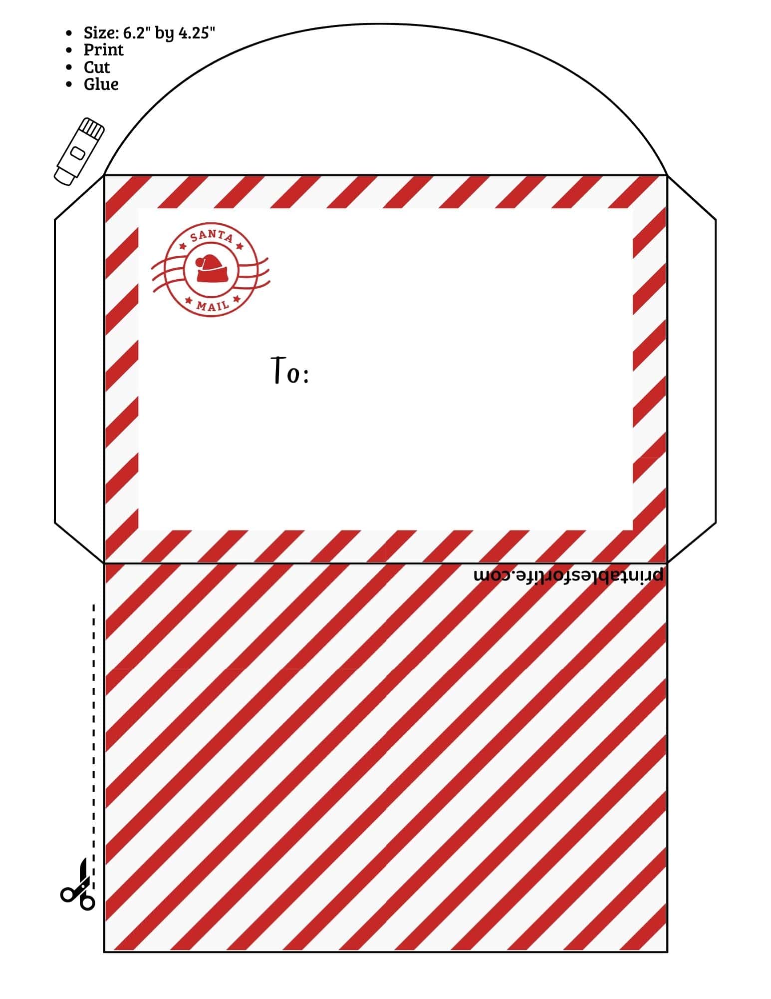 Printable Santa envelope template with red diagonal stripes and a To: area for a Santa letter.