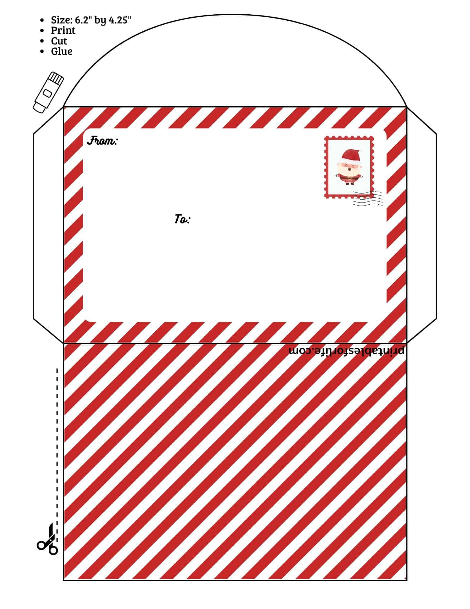 Printable Santa envelope templates with red striped border for Letter to Santa and envelopes to Santa.