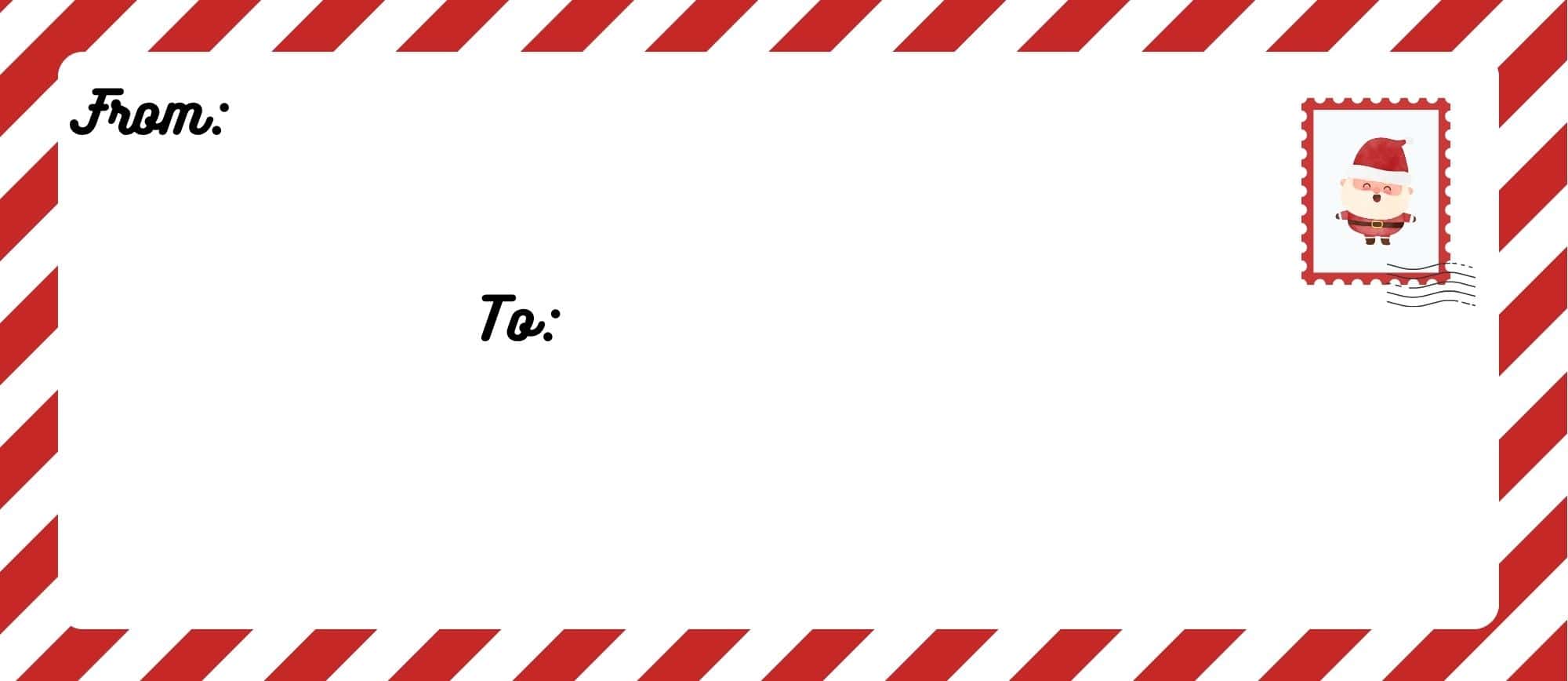 Printable Santa envelope templates with red-and-white striped border, From: and To: fields, and a Santa stamp.