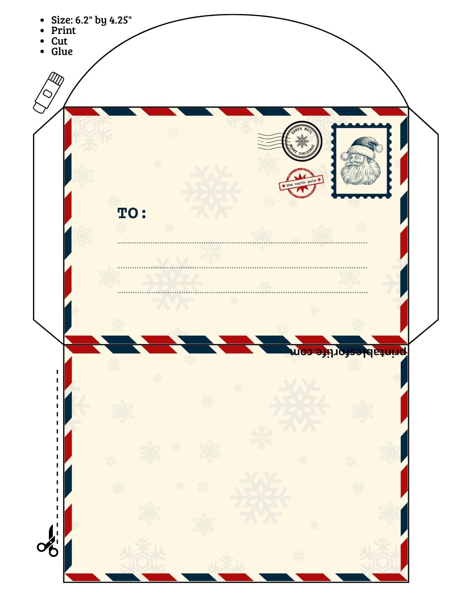 Printable Santa envelope templates for Letter to Santa with red and blue border and snowflake design.