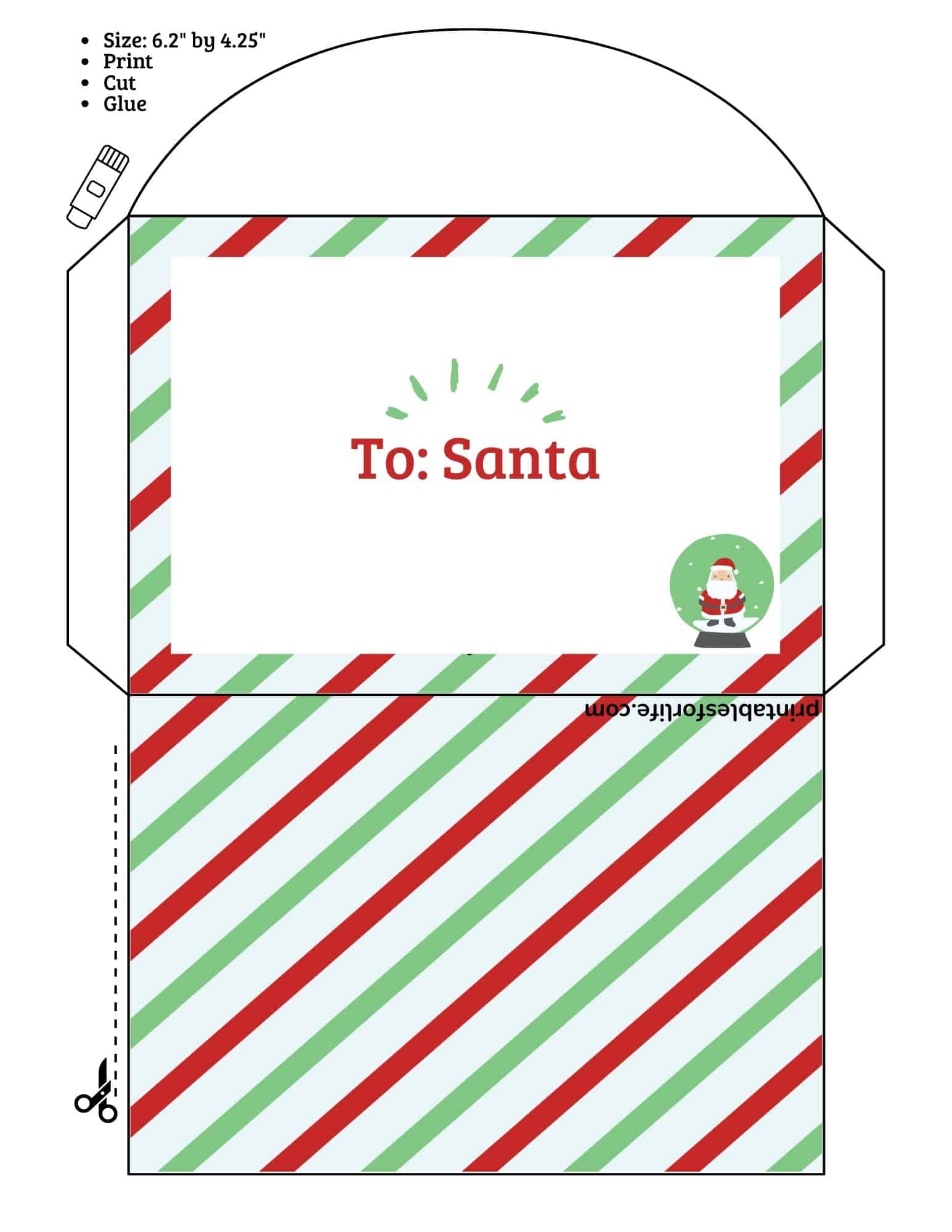 Printable Santa envelope templates with red-green diagonal stripes and a 'To: Santa' panel for a Letter to Santa.