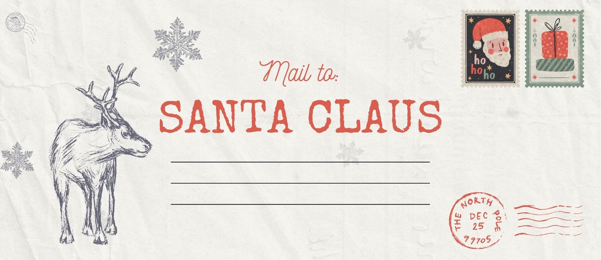 Illustrated Santa envelope with reindeer, snowflakes, and postage stamps for Christmas.