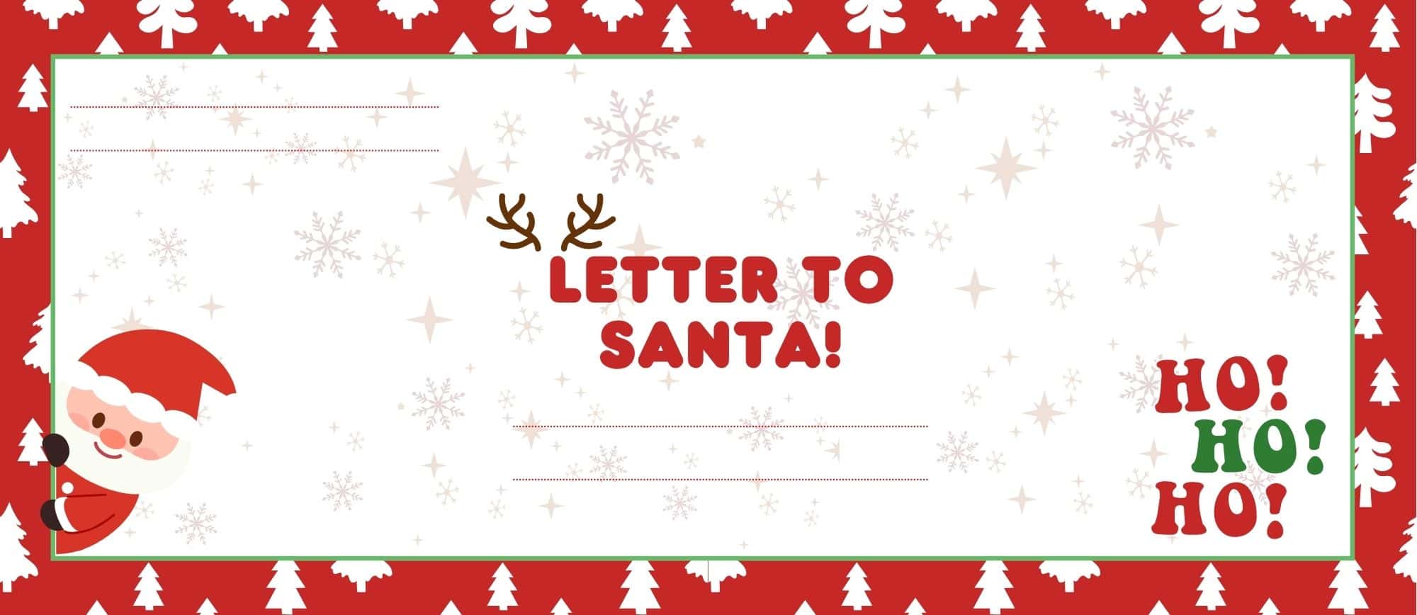 Printable Santa envelope template featuring a 'Letter to Santa!' title, Santa on the left, red border and snowflakes.