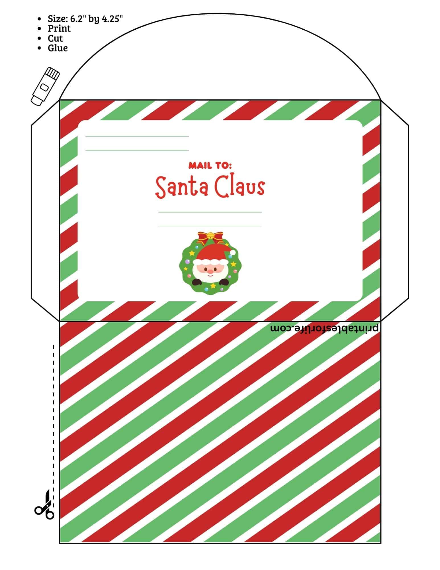 Printable Santa envelope templates with red-green striped borders for letters to Santa.