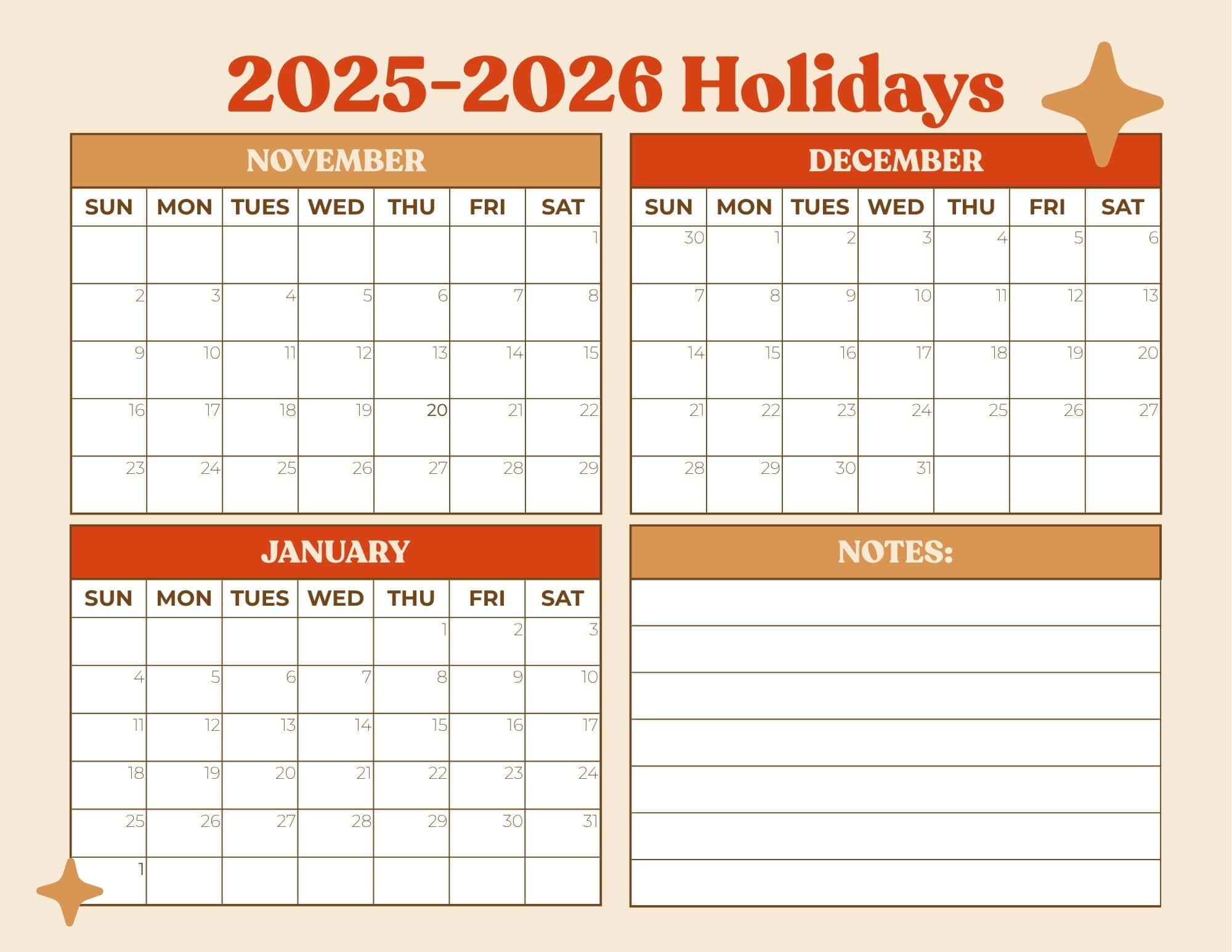 Greeting Cards printable in a 2x2 grid with beige left panels and orange top-right, olive bottom-right accents.