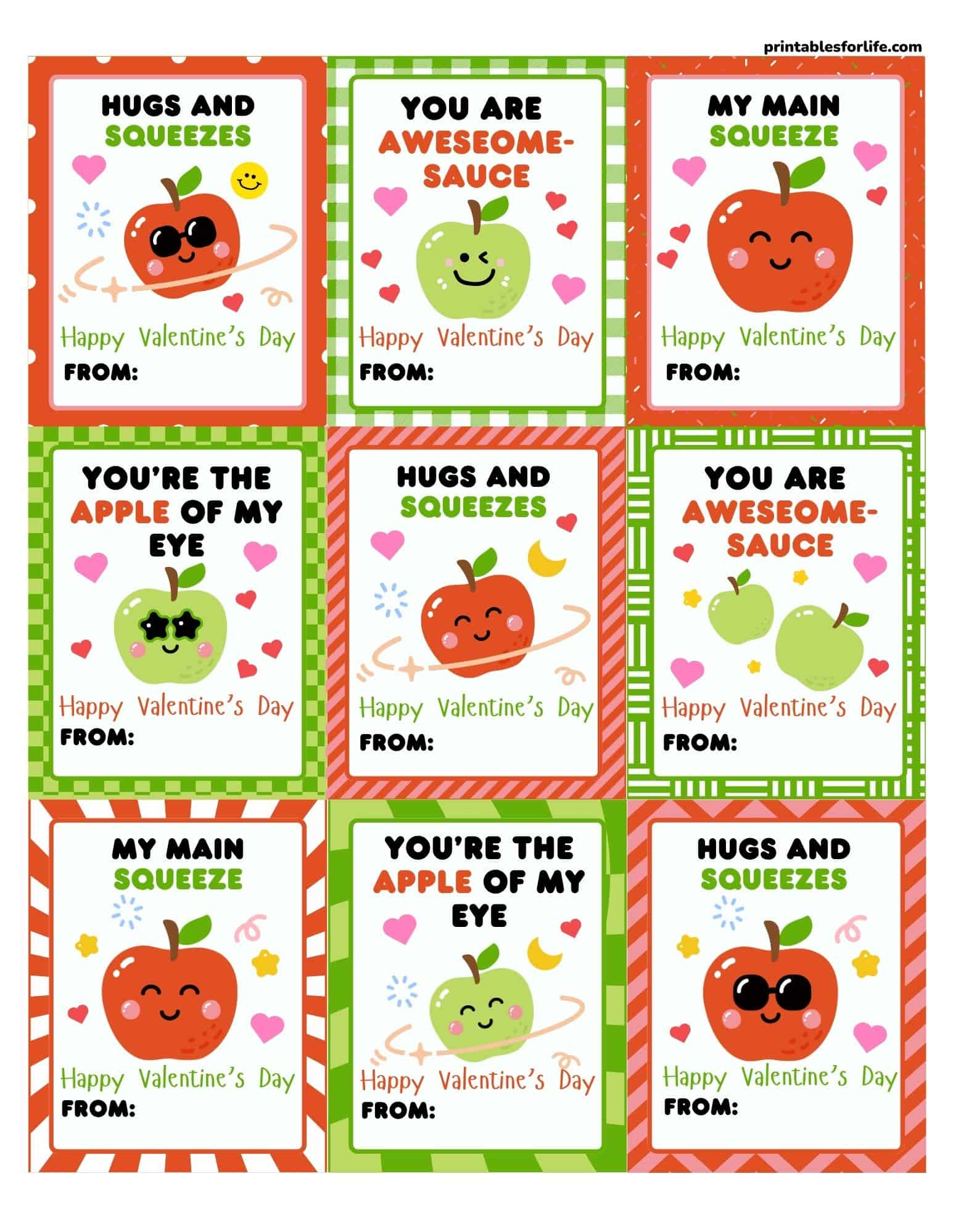 Collage of 12 free printable applesauce-themed Valentine cards with cute fruit characters and Happy Valentine's Day messages.