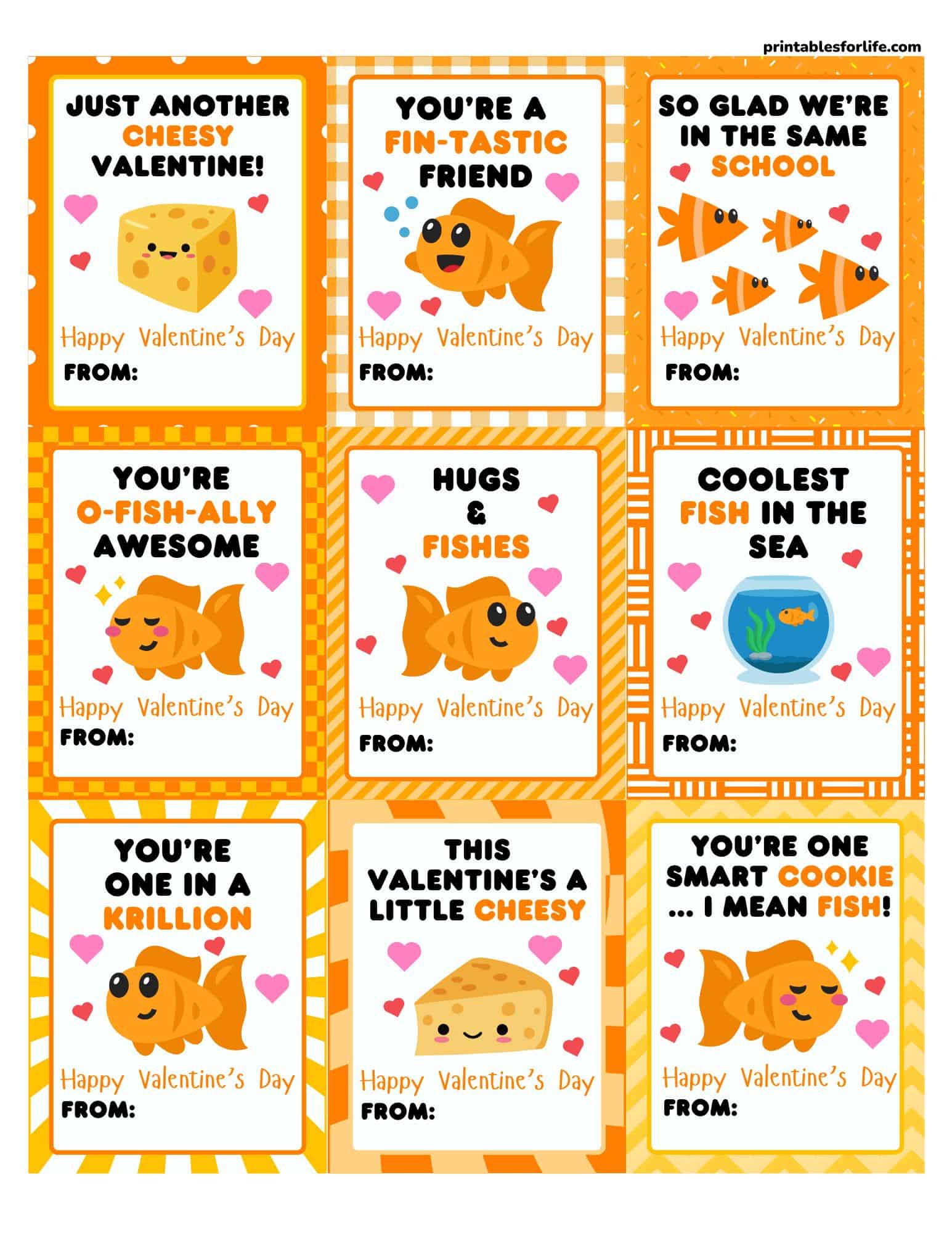 Free printable goldfish Valentines grid with orange borders and cheerful fish illustrations.