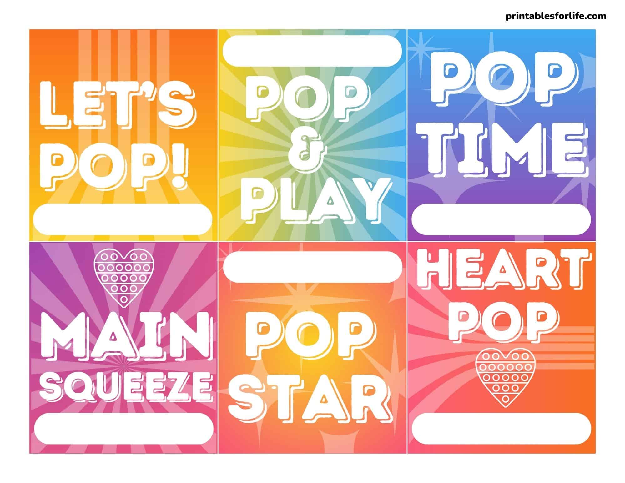 Colorful 3x3 pop-themed printable collage with large white label areas.