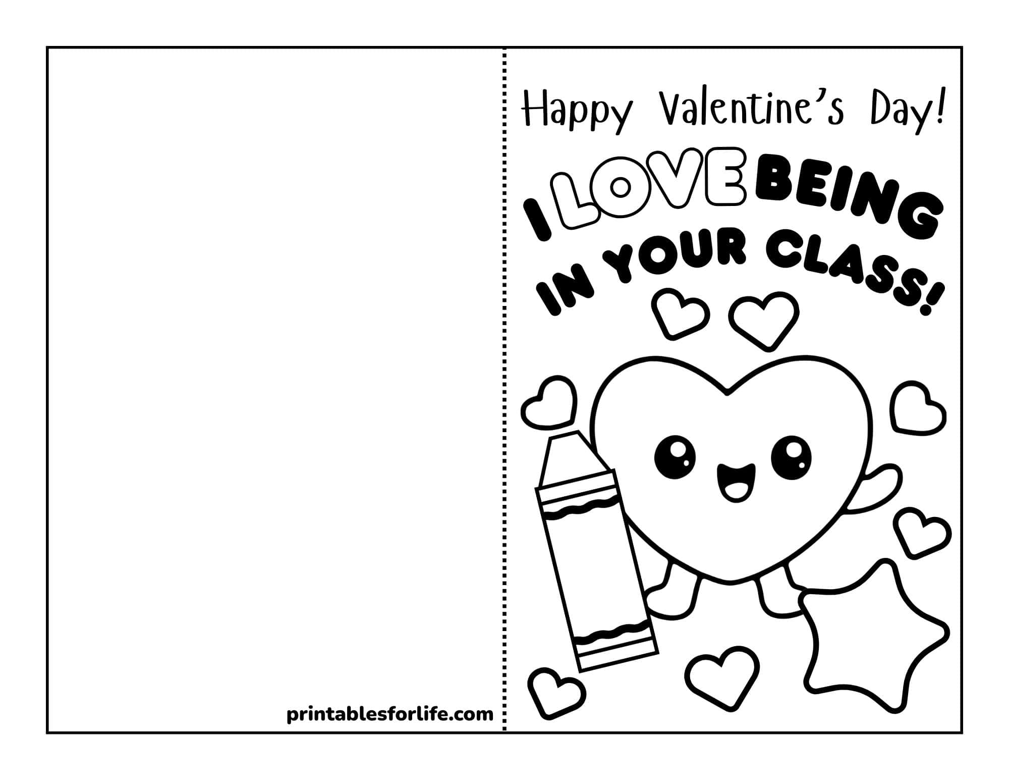 Cute heart character with a pencil and little hearts on a printable teacher valentine's card.