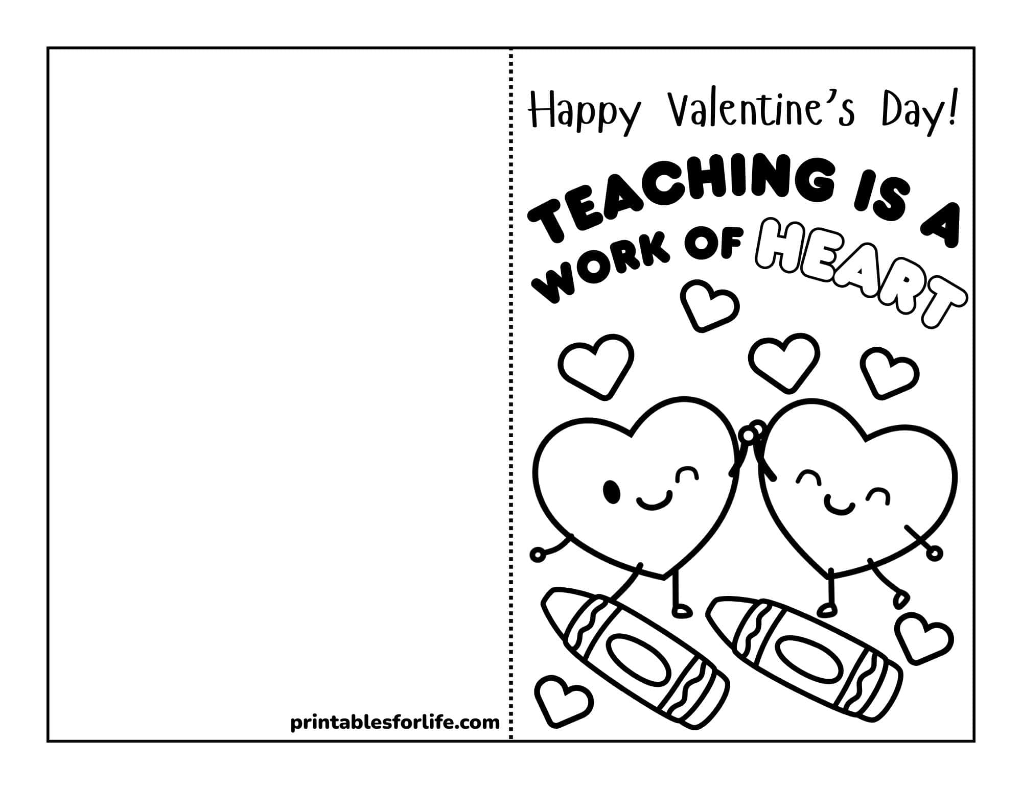 Printable teacher valentines card with two hearts on skateboards and the phrase Teaching is a work of heart.