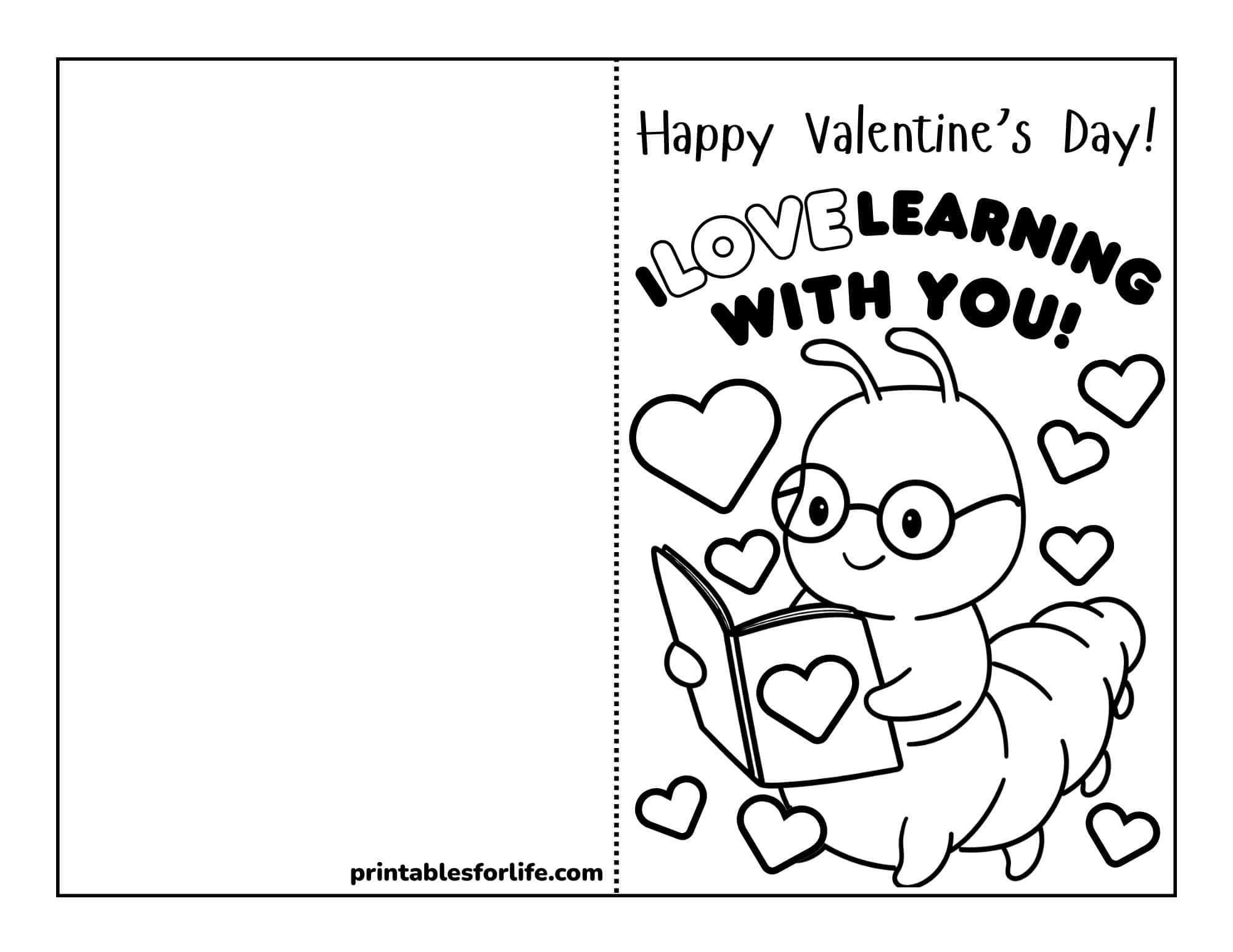 Two-page printable valentine card with a cute bug reading a book surrounded by hearts.