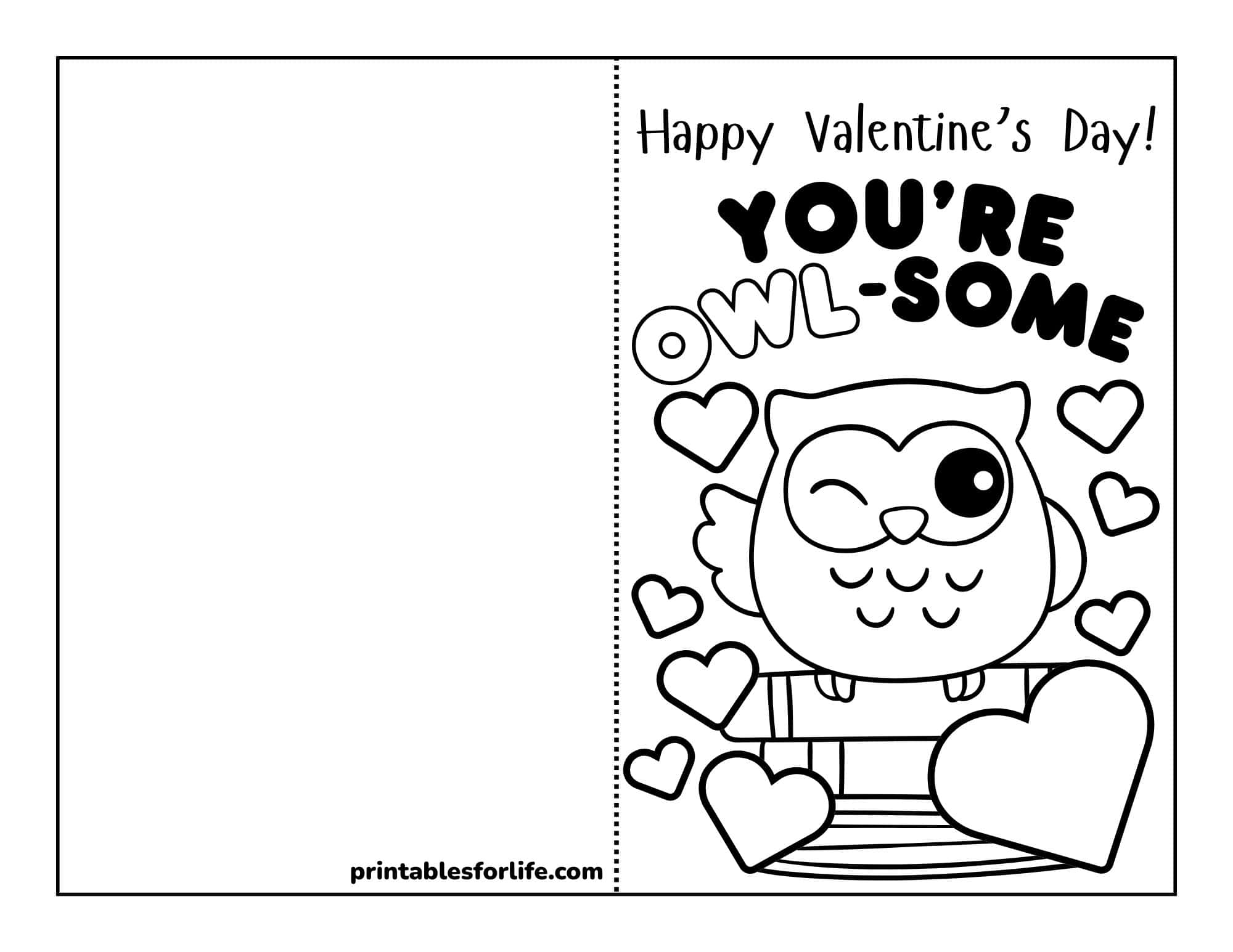 Printable teacher valentine card featuring a cute owl, hearts, and a foldable layout to color.