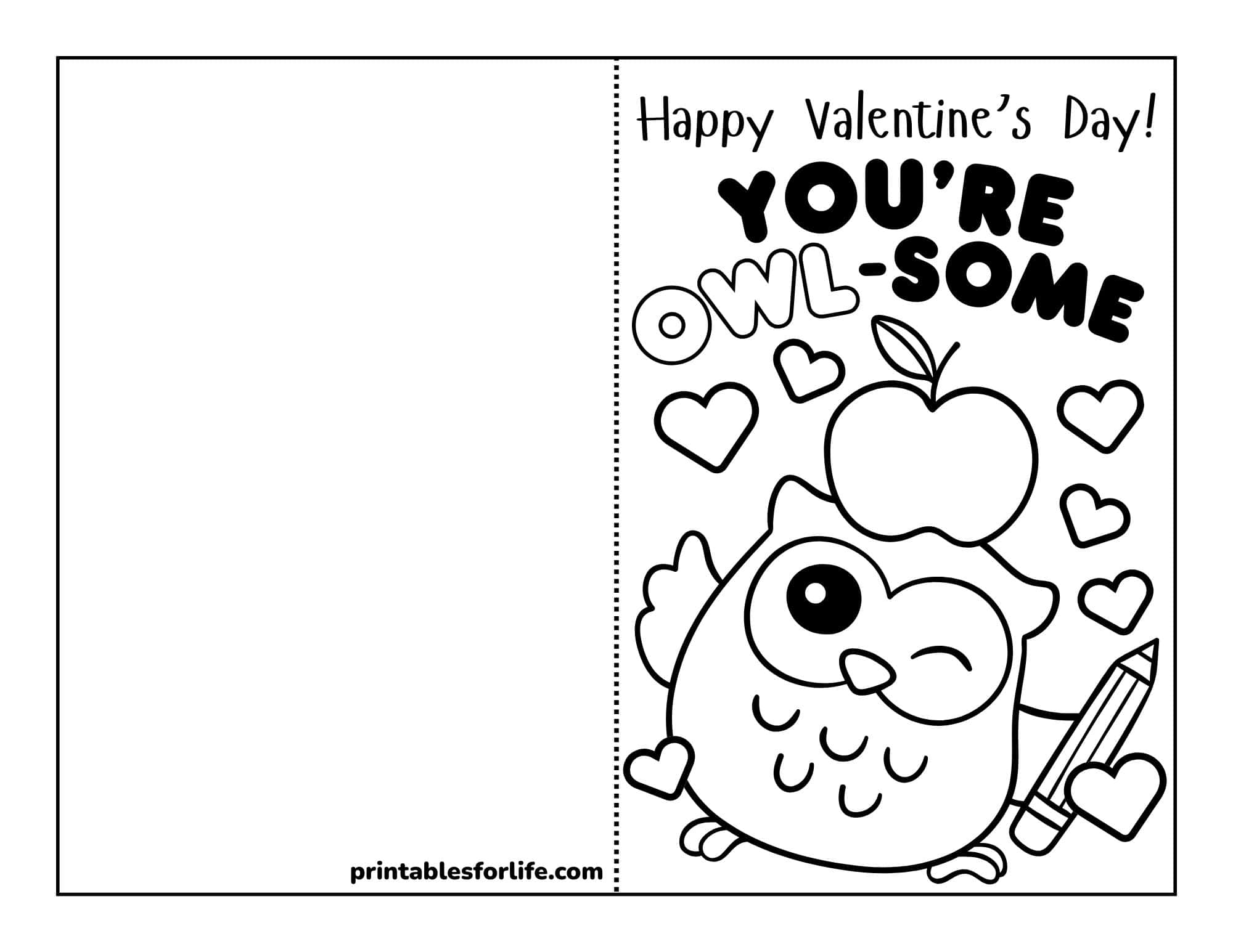 Printable Valentine's Day card with an owl, hearts, and a pencil; perfect for teacher valentines and cards to color.