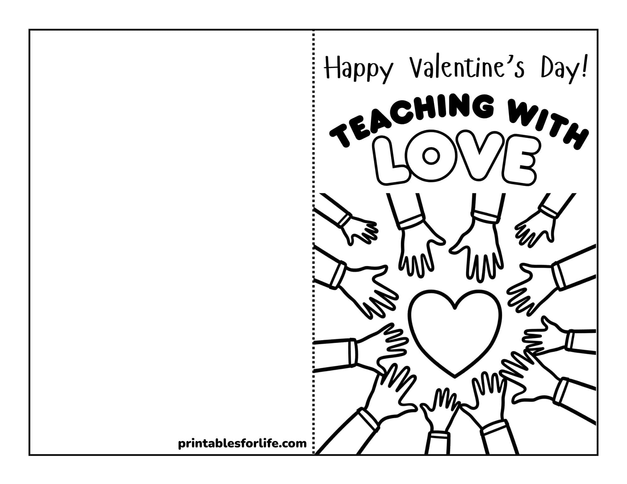 Printable teacher valentines card with hands around a heart and 'Happy Valentine’s Day' text.