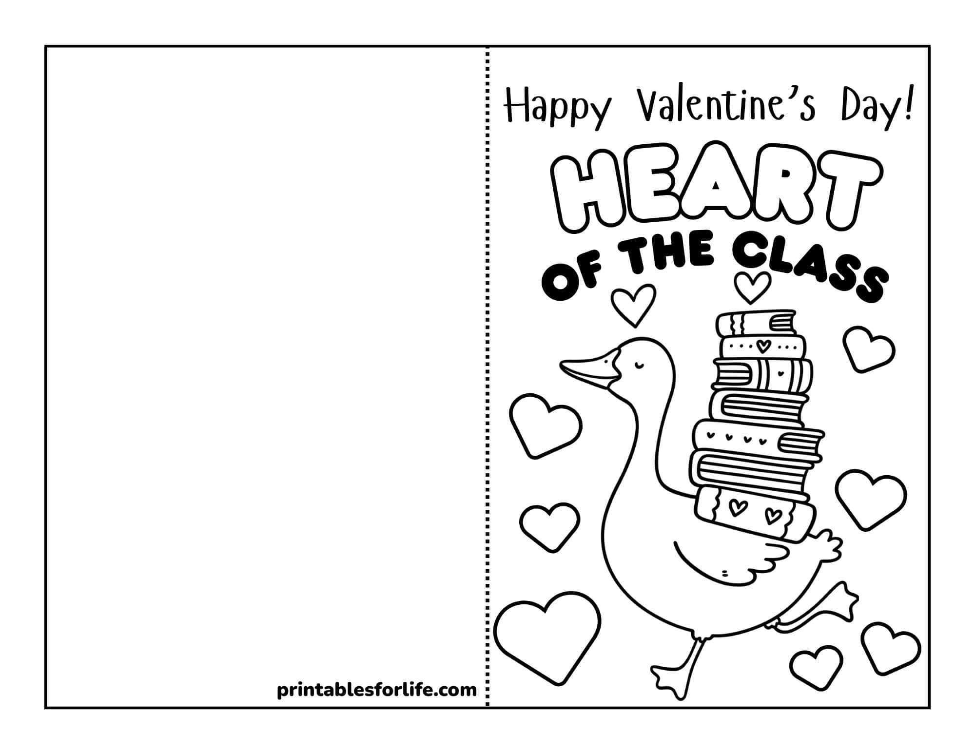 Printable teacher valentines card with a duck carrying a stack of books and hearts.