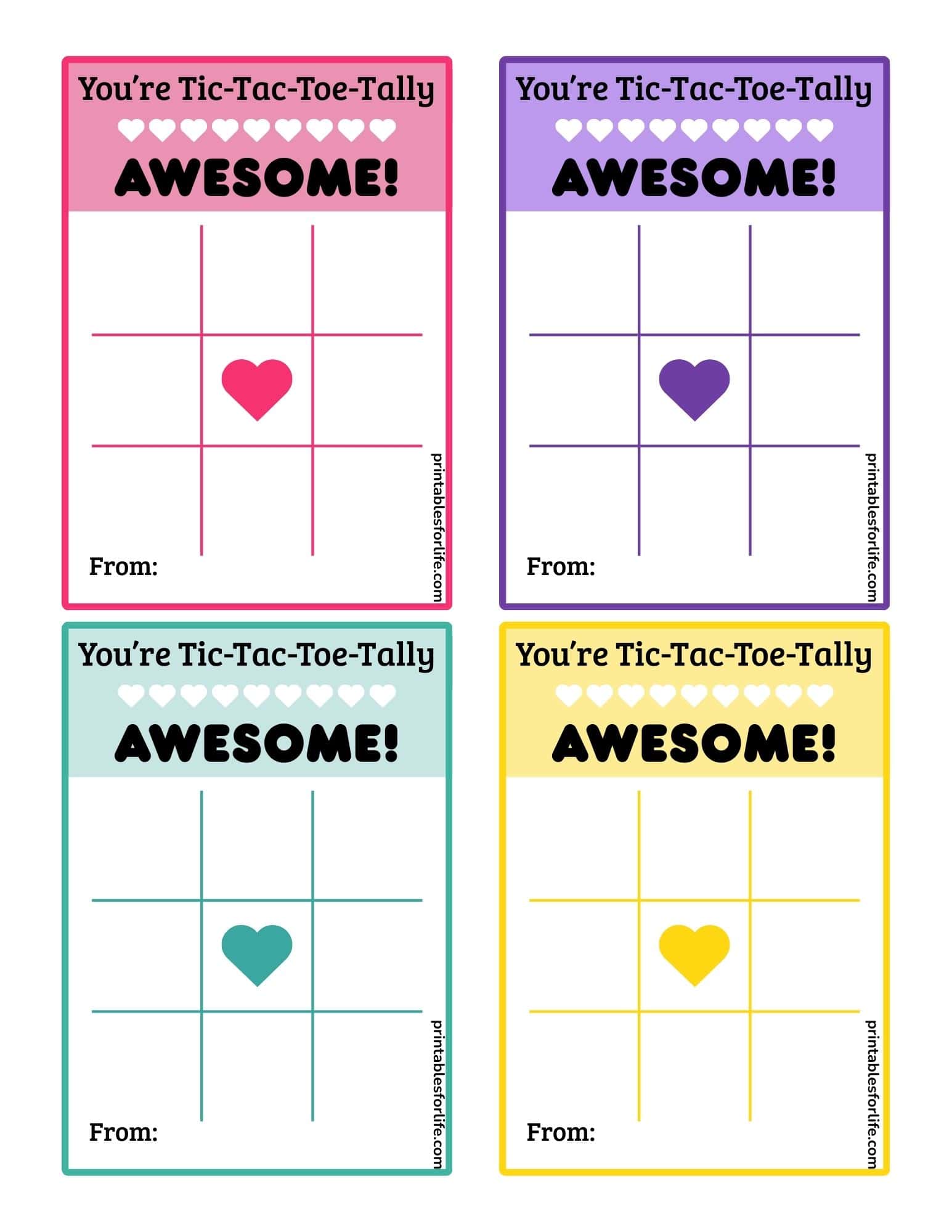 Four printable tic-tac-toe themed Valentine cards in pink, purple, teal, and yellow with hearts and 'AWESOME!'.
