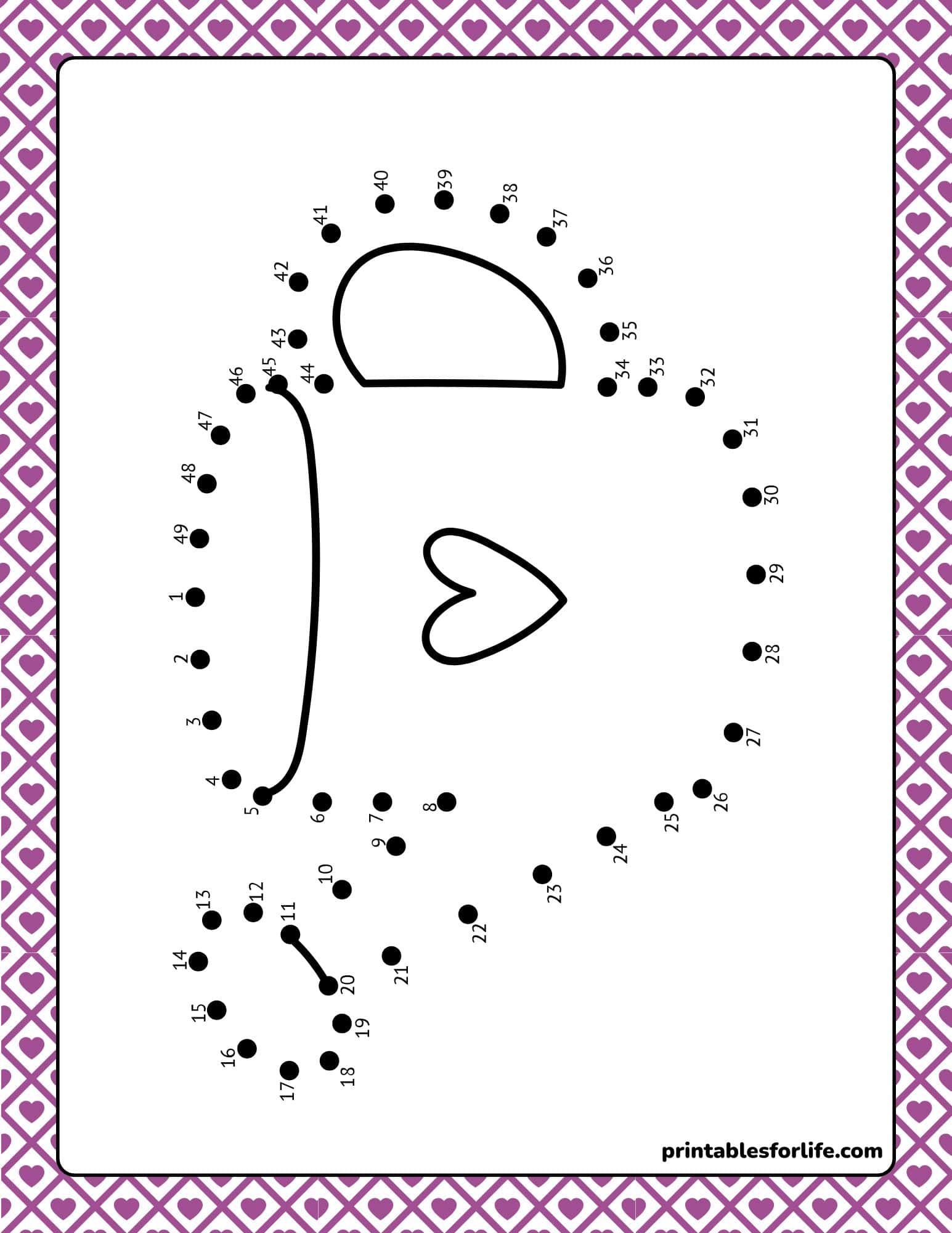 Printable Valentine's Day dot-to-dot worksheet with a heart design.