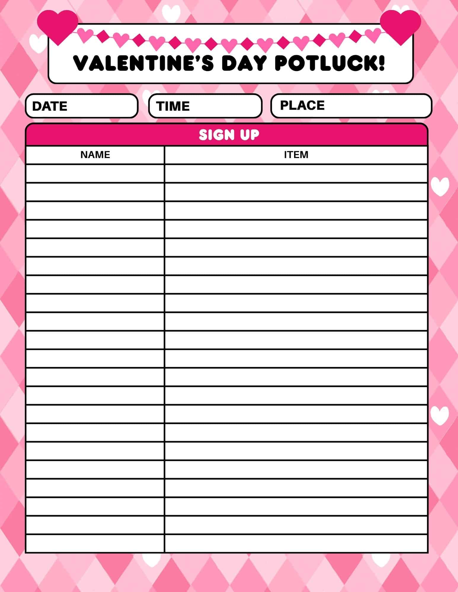 Printable Valentine's Day potluck sign up sheet on pink background with date, time, place fields.