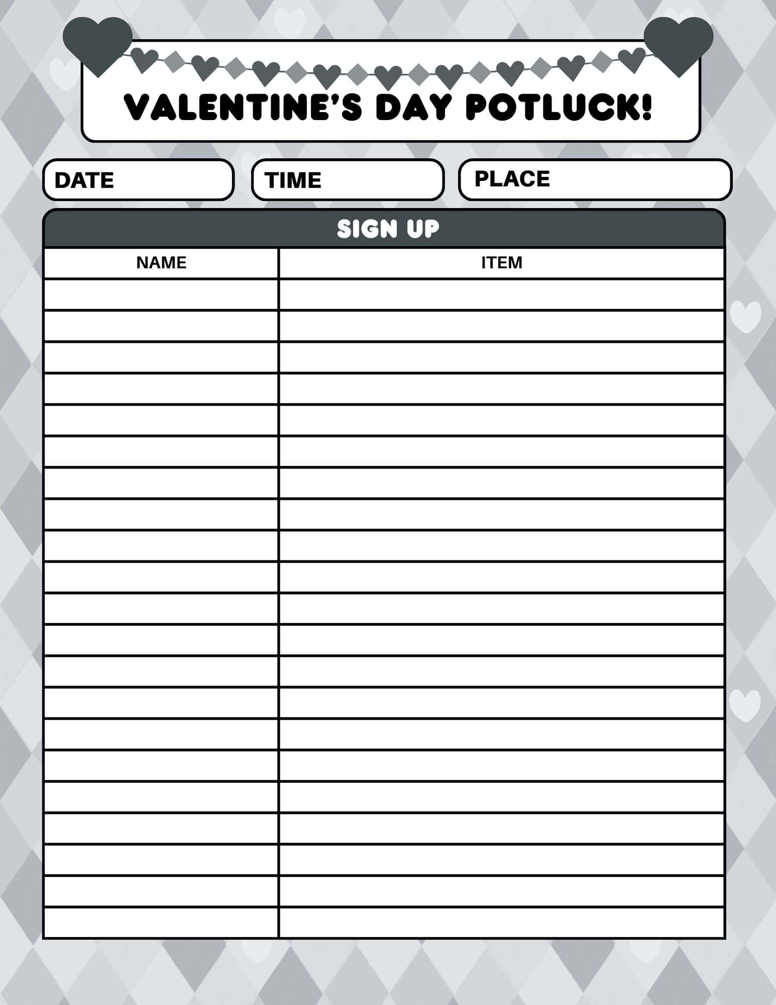 Valentine's Day potluck sign-up sheet with date, time, place and a large name/item table.