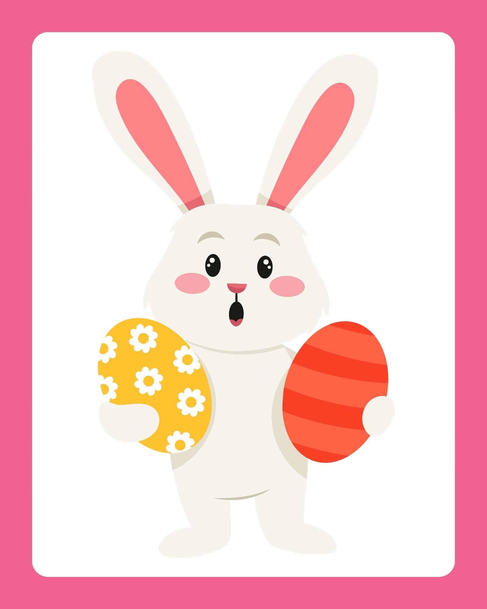 White bunny holding two decorated eggs on a pink-bordered Easter card.