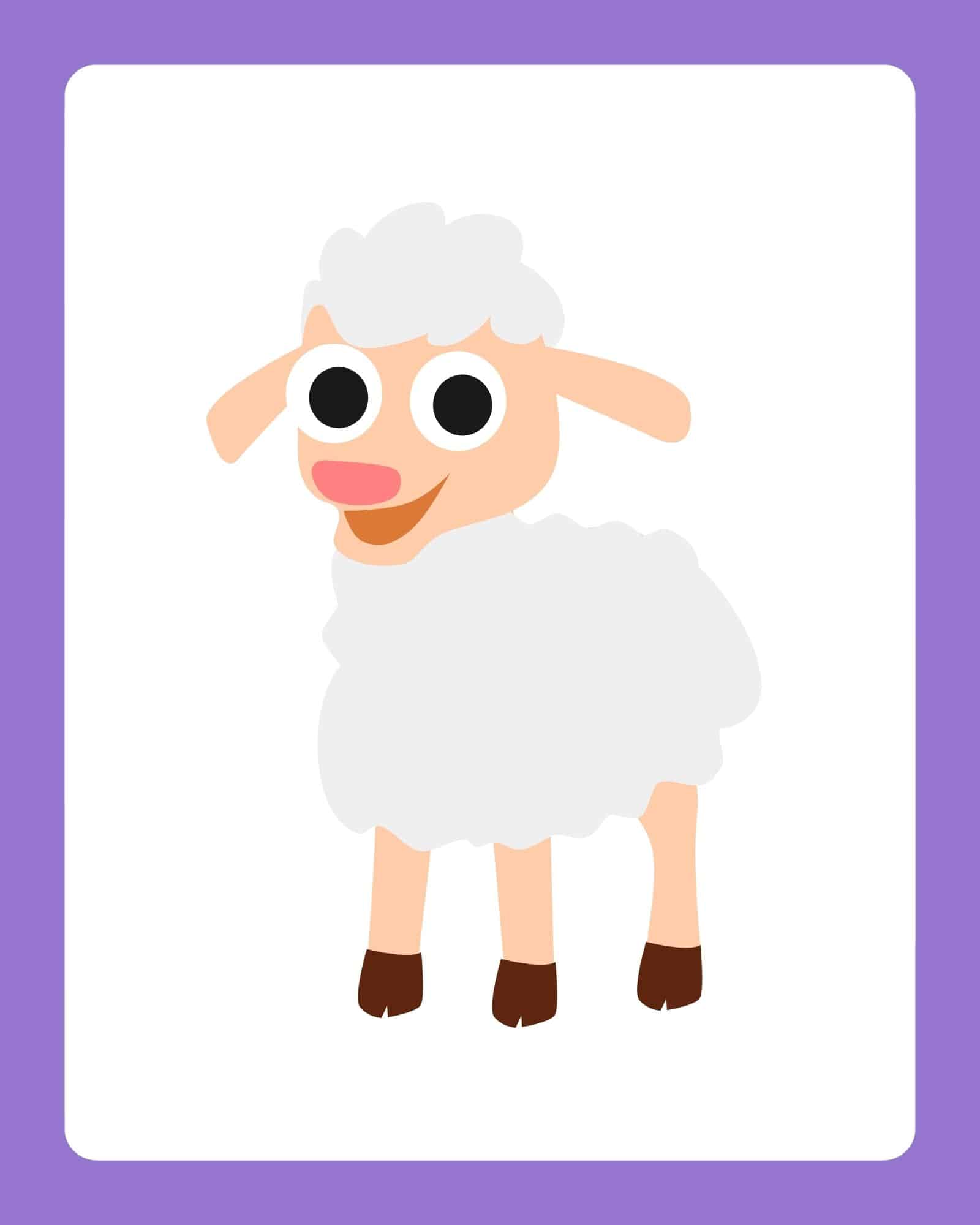 Cute lamb Easter flashcard with white wool and purple border.
