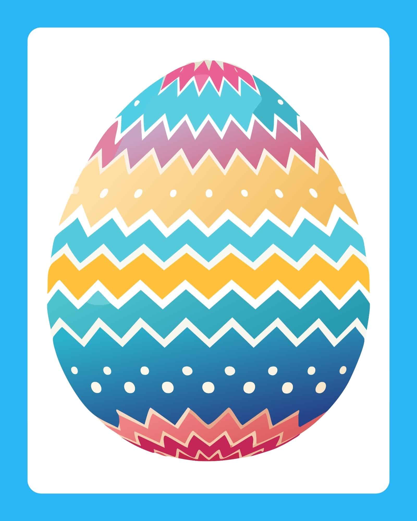 Colorful patterned Easter egg on a blue-framed card.