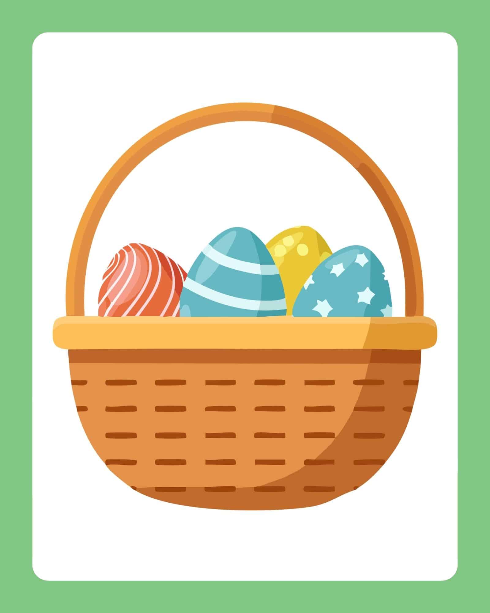 Easter basket with four decorated eggs on a green-bordered printable.