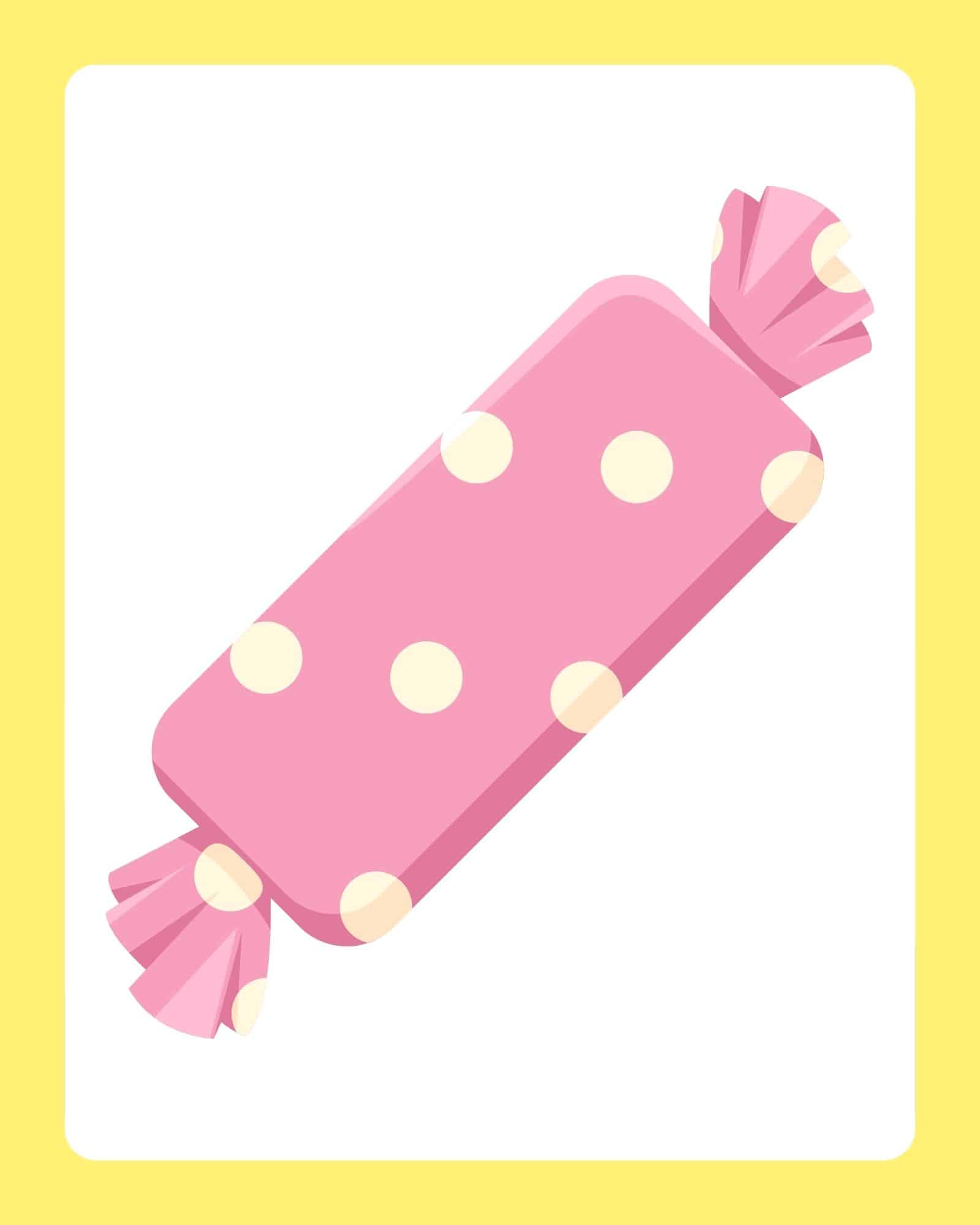 Pink polka-dot wrapped candy on a white flashcard with yellow border.