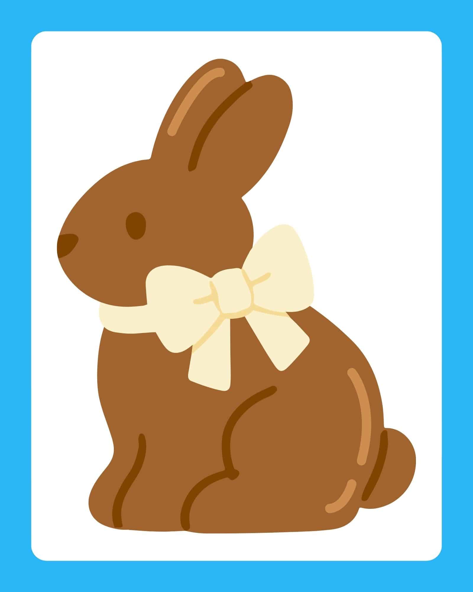 Brown chocolate bunny with cream bow on a white card and blue border.