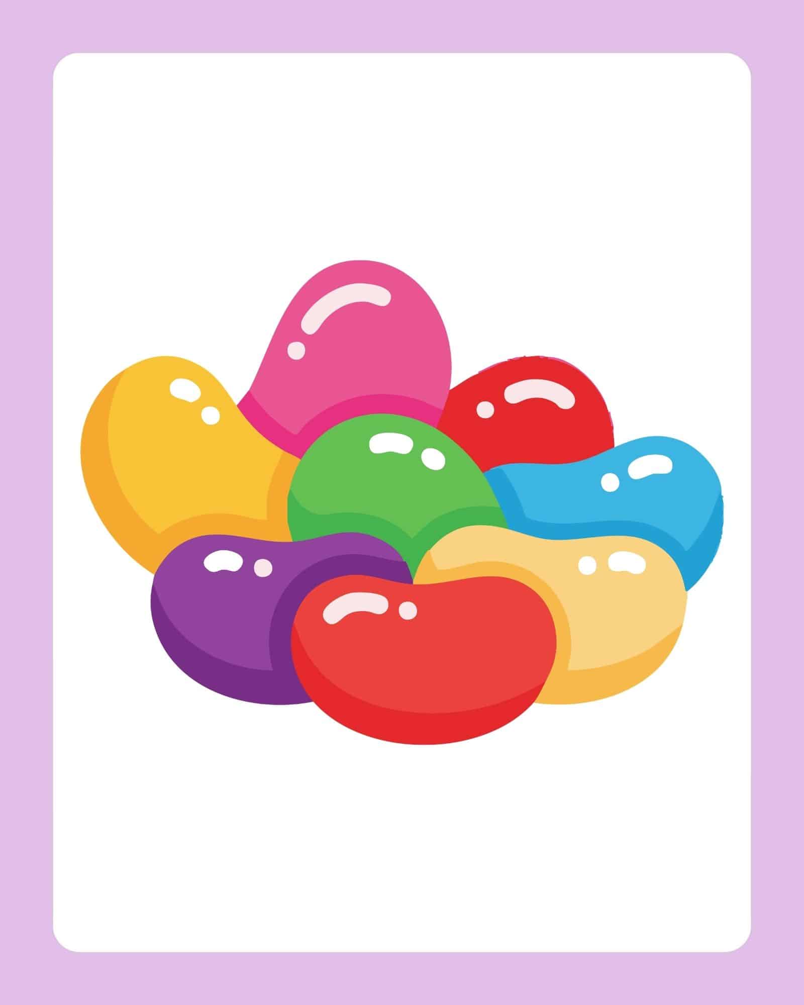 Colorful jelly bean illustration on a bordered card for Easter printable flashcards.