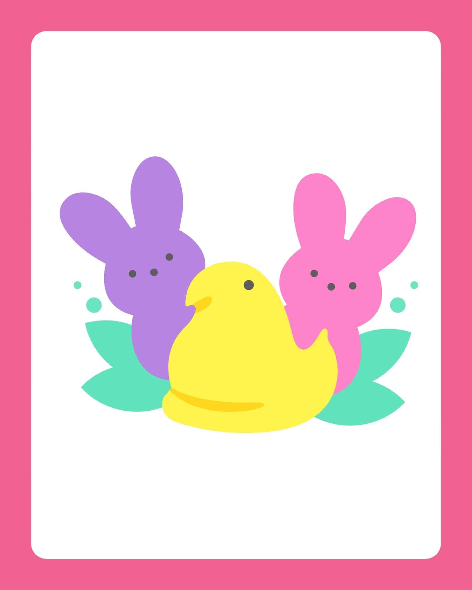 Easter printable with yellow chick and pink and purple bunny peeps.