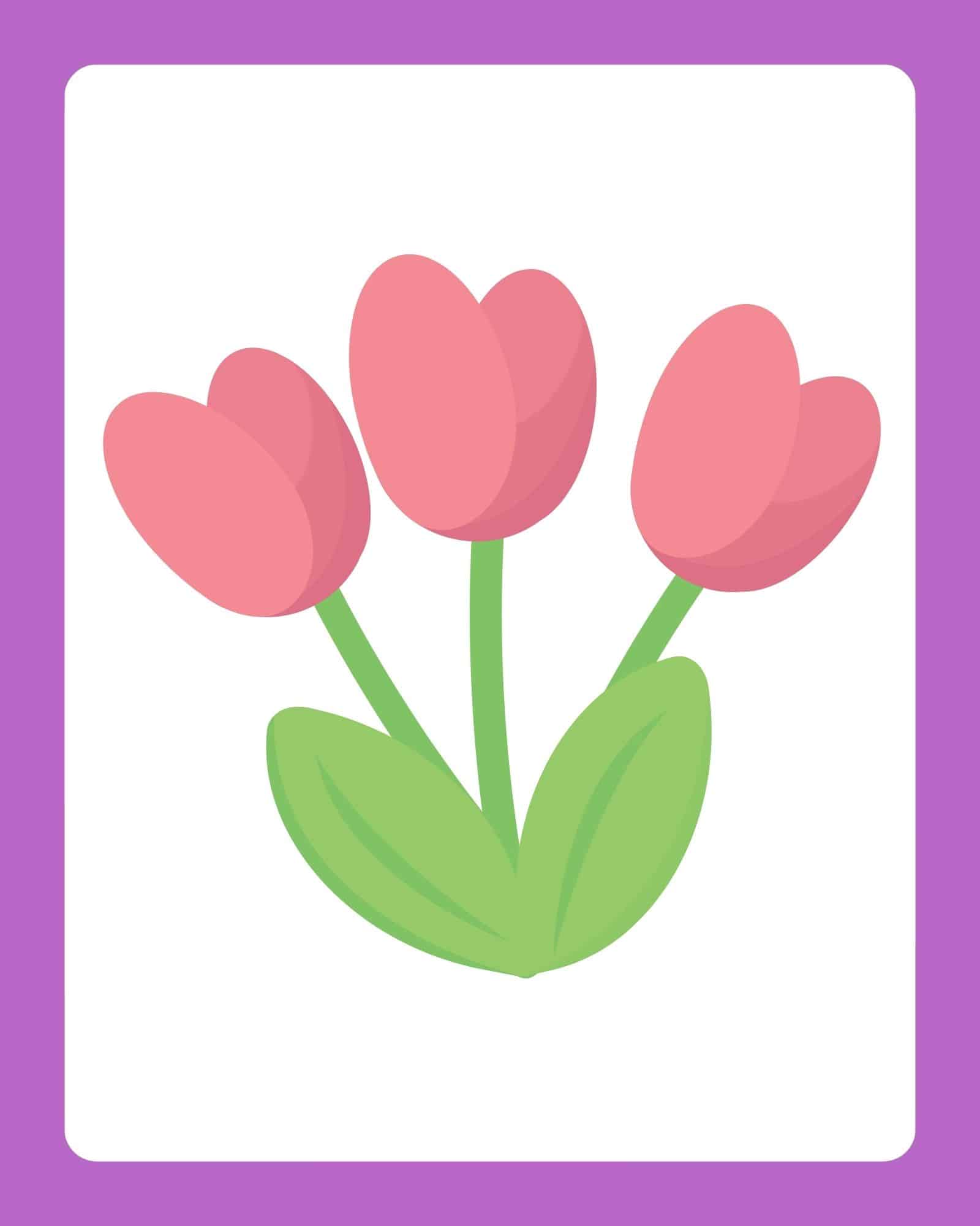 Pink tulip illustration on white card with purple border.