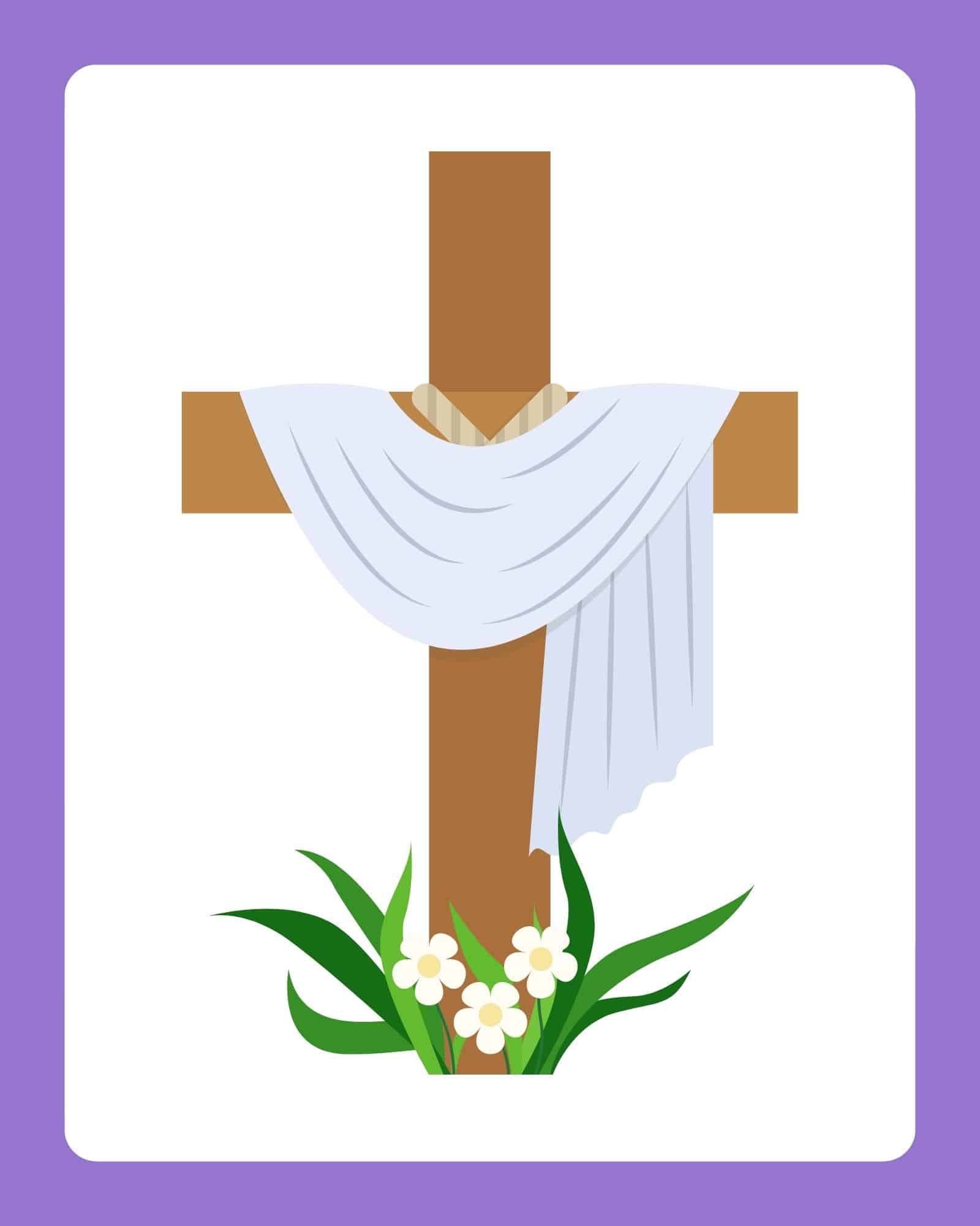 Wooden cross draped with white cloth and spring flowers on purple-framed Easter printable.