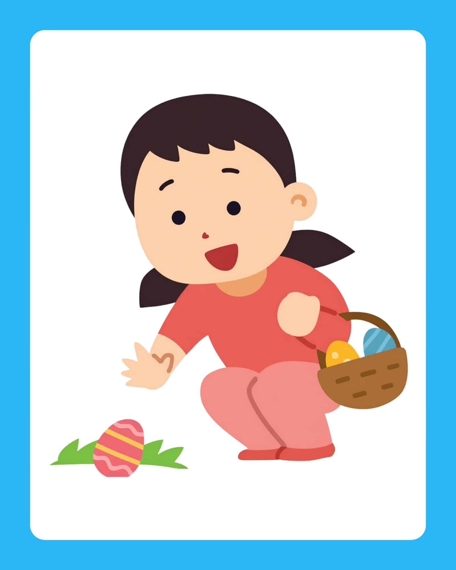 Child gathering Easter eggs into a basket on an Easter printable card.