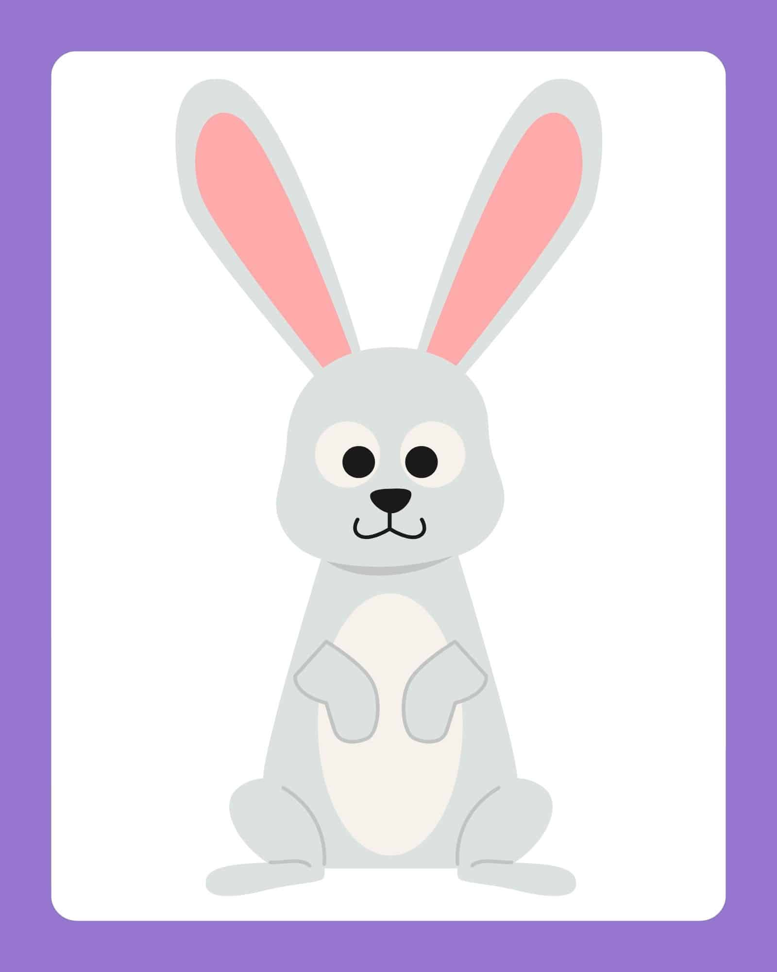 Gray bunny Easter printable card with pink ears and purple border.
